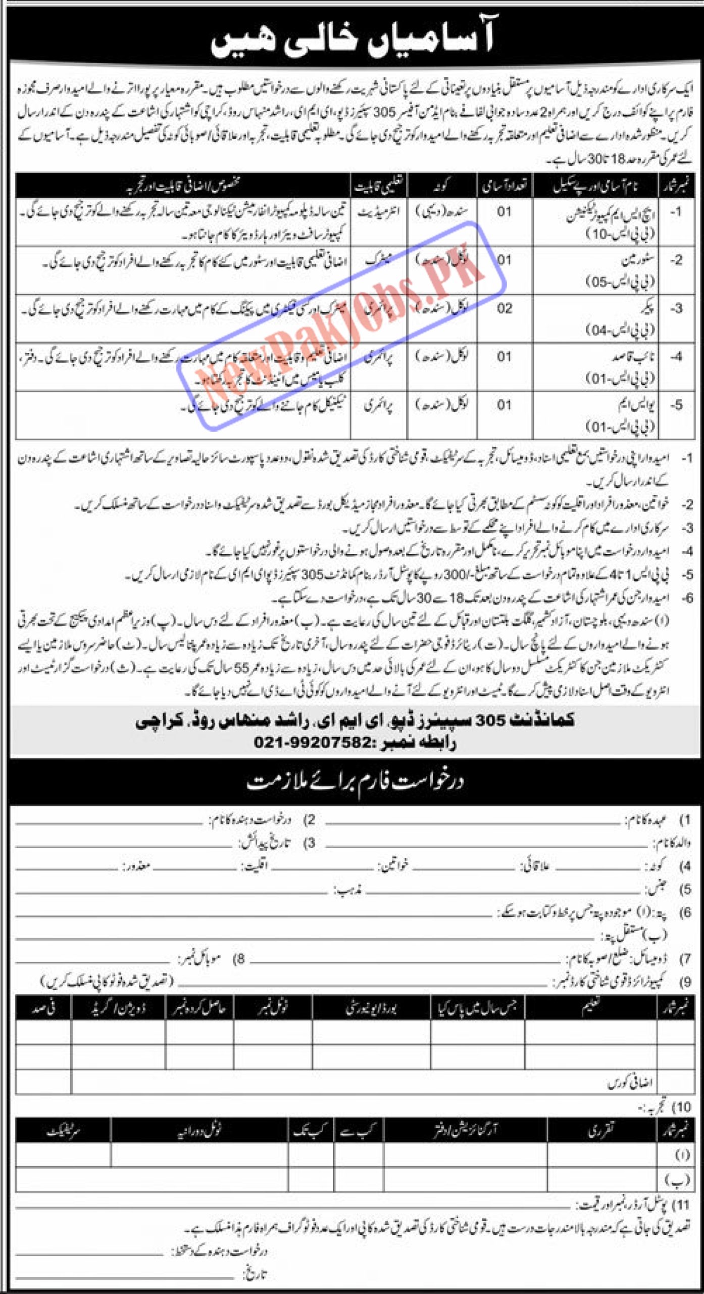 Pakistan Army 305 Spares Depot EME Karachi Jobs 2024