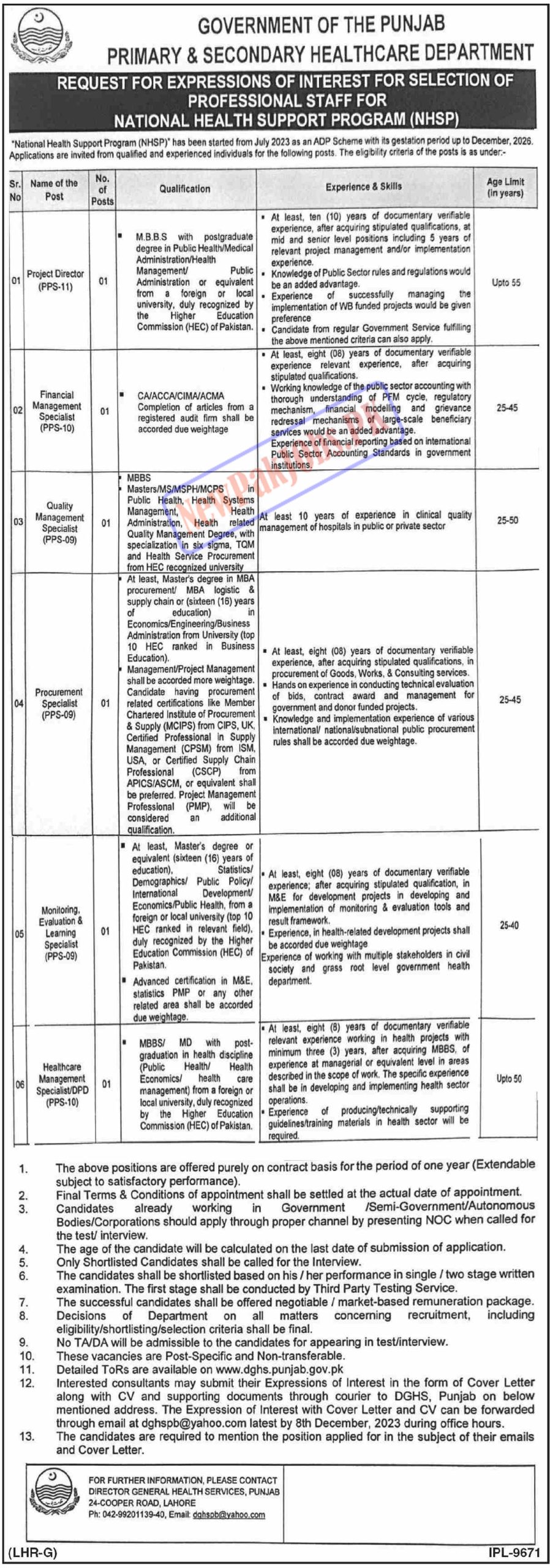 Primary and Secondary Healthcare Department Punjab Jobs November 2023