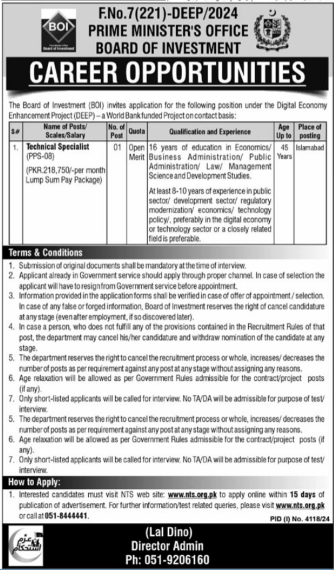 Prime Minister Office PMO Jobs 2025 NTS Online Apply Form