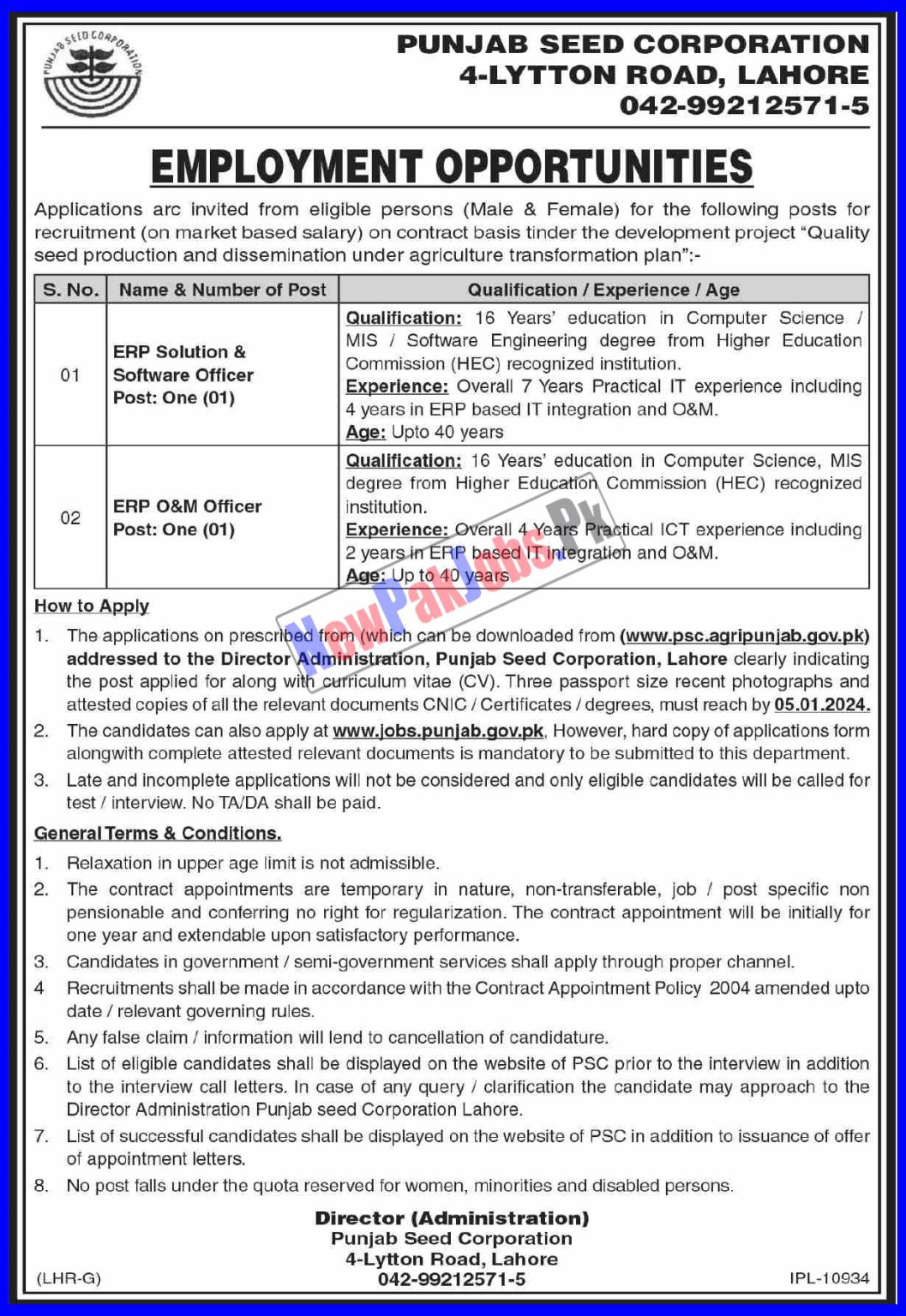 Punjab Seed Corporation PSC Jobs 2024 Registration www.psc.agripunjab