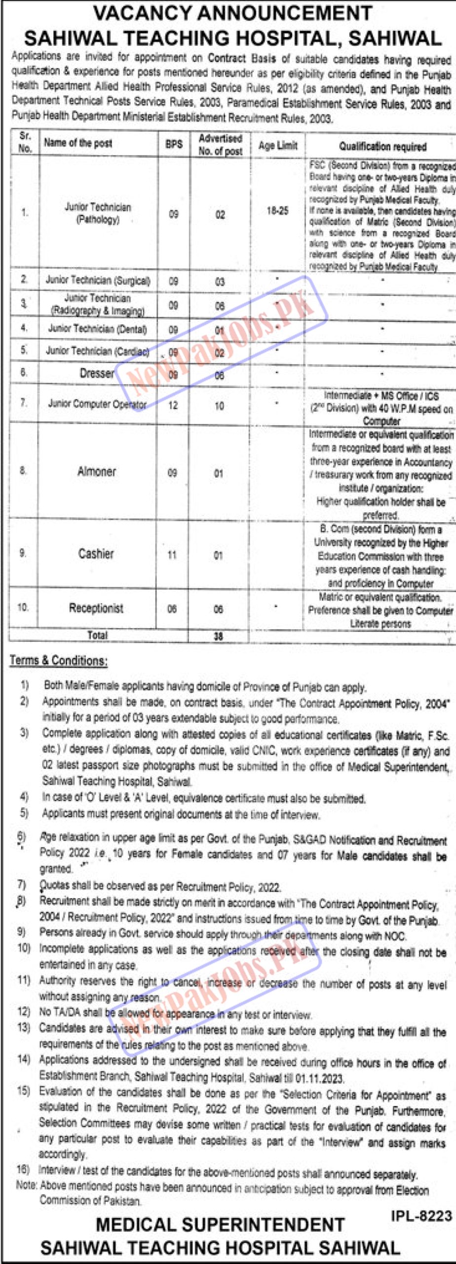 Sahiwal Teaching Hospital Sahiwal Jobs 2023