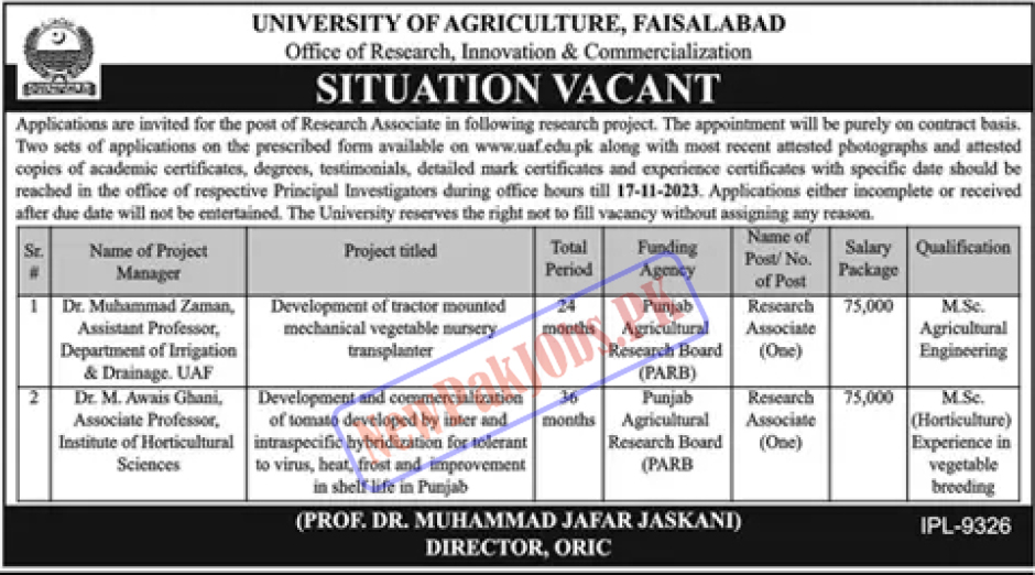 University of Agriculture Faisalabad UAF Jobs Nov 2023 Online Apply