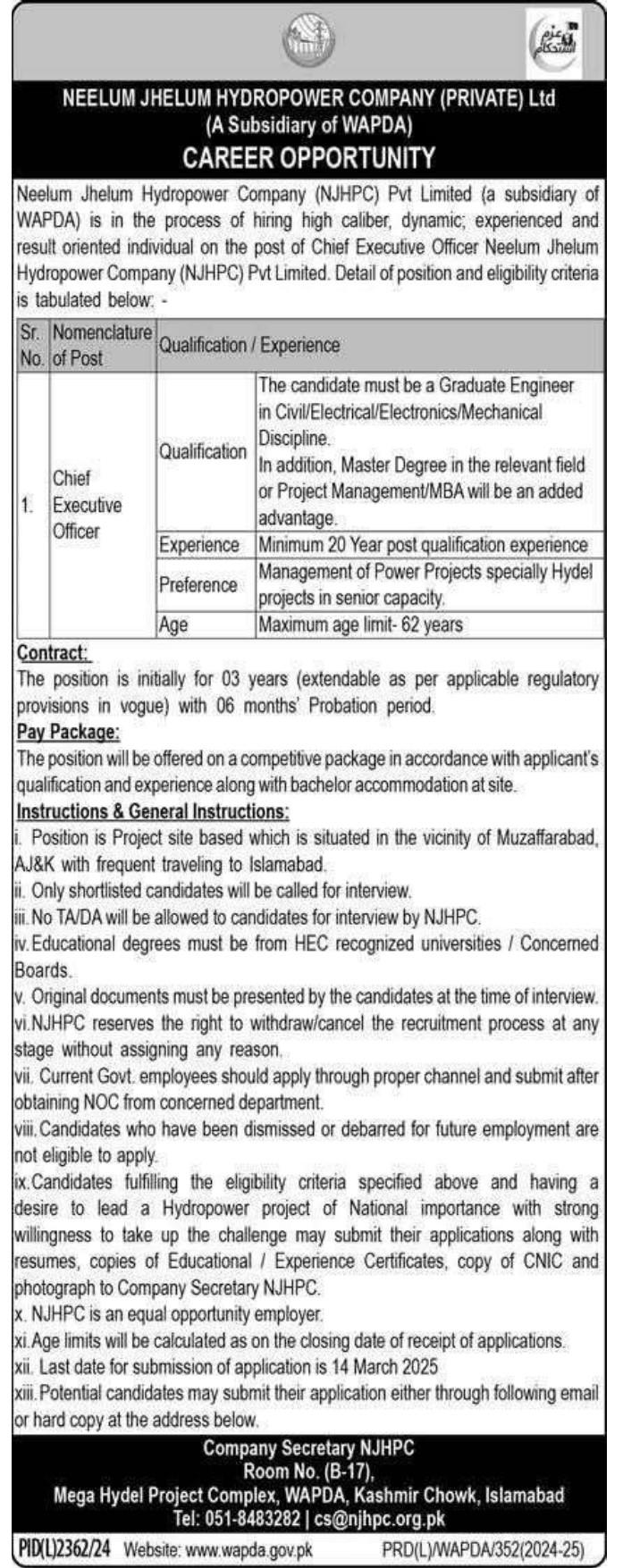 WAPDA Neelum Jhelum Hydropower Company NJHPC Jobs 2025