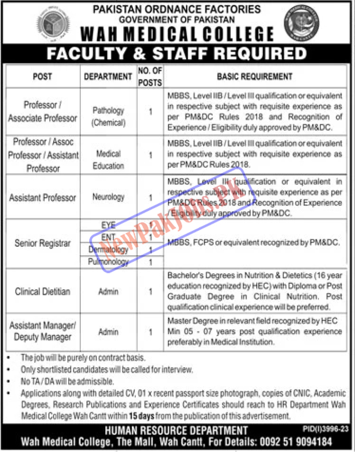 Wah Medical College Wah Cantt Jobs 2024