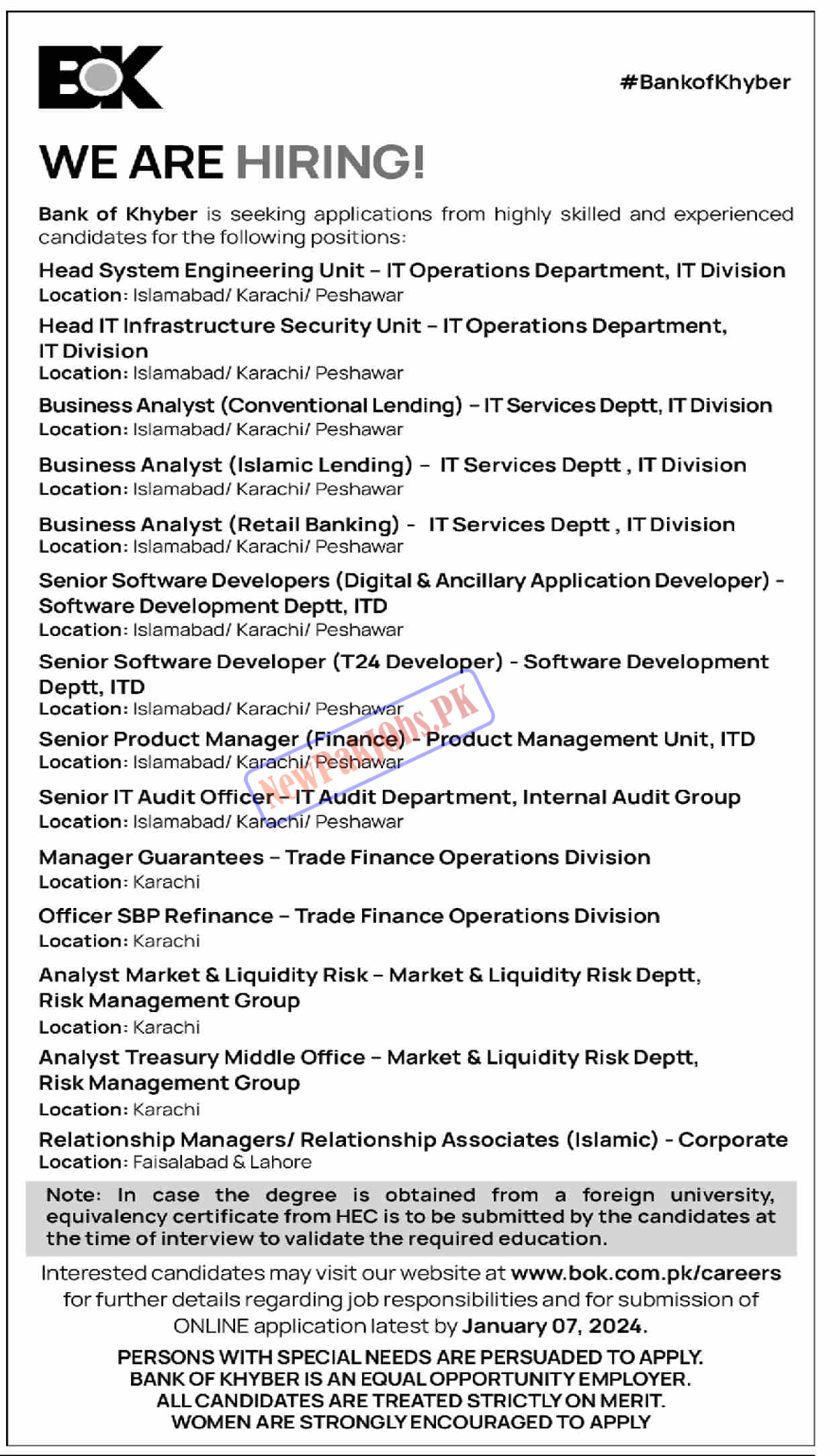 Bank of Khyber BOK Jobs 2023 www.bok.com.pk Online Apply