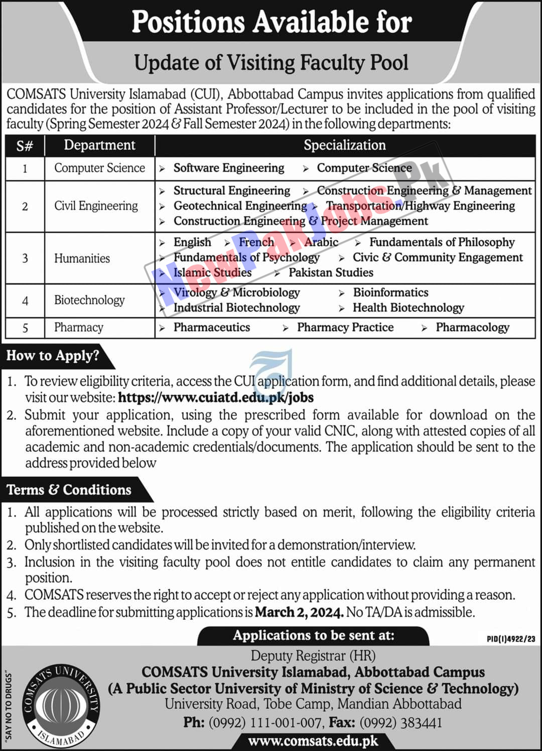 COMSATS University Islamabad CUI Jobs 2024 - Form at www.comsats.edu.pk