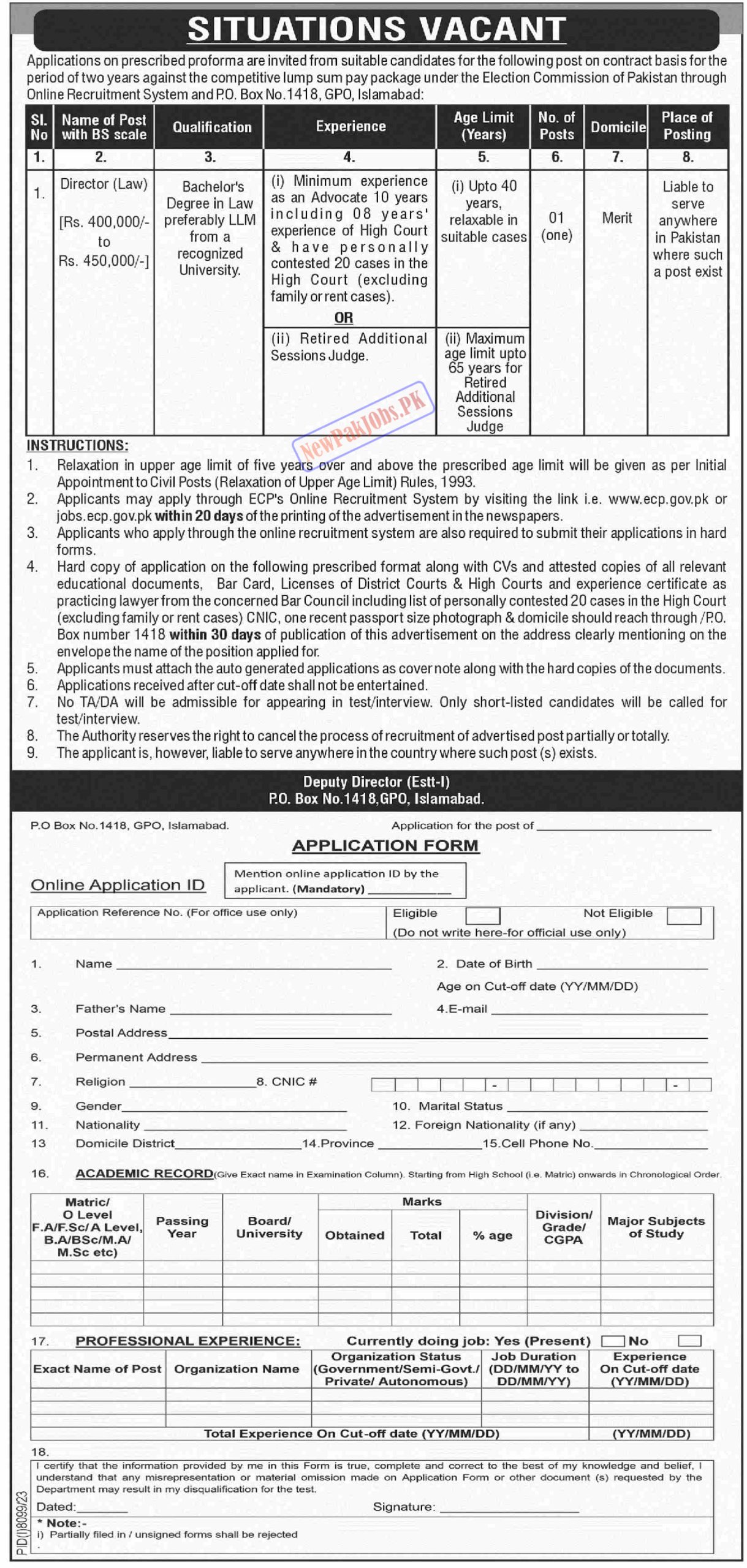 Election Commission of Pakistan ECP Jobs 2024 PO Box 1418 Jobs