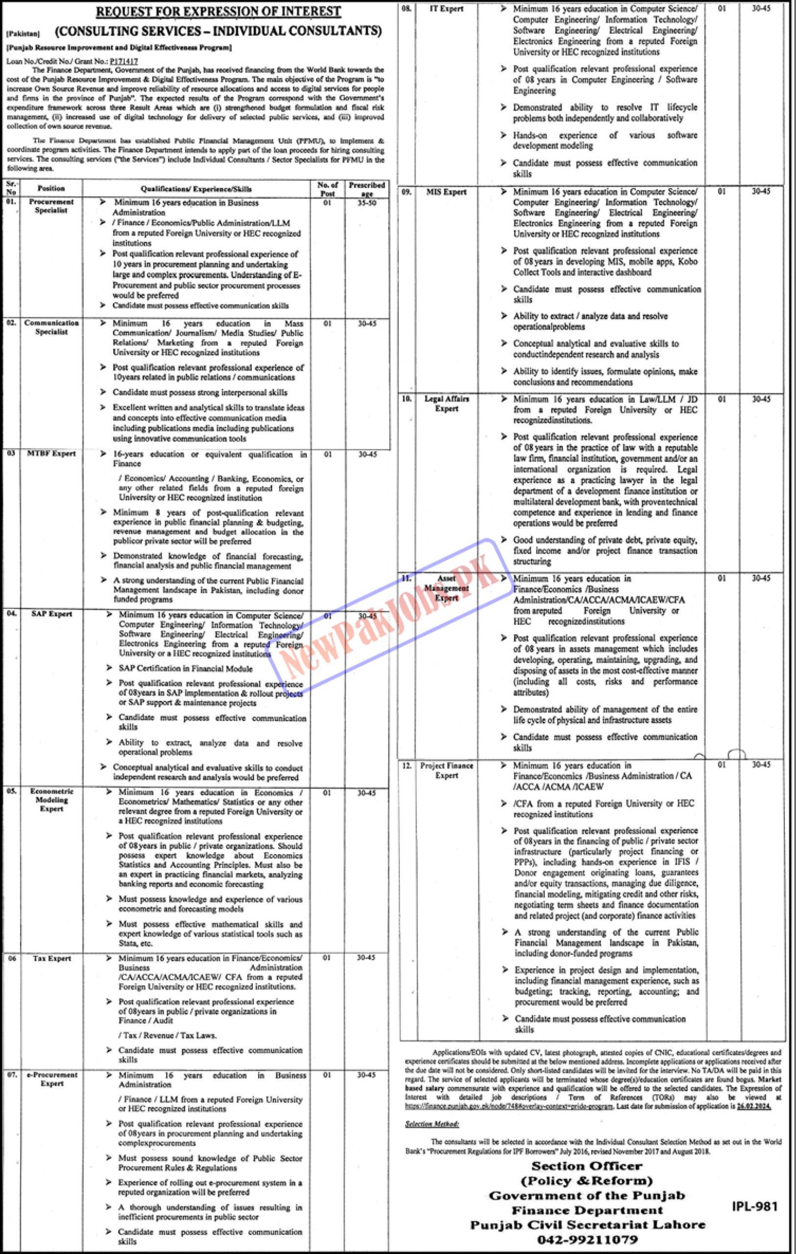 Finance Department Punjab Jobs 2024 www.finance.punjab.gov.pk