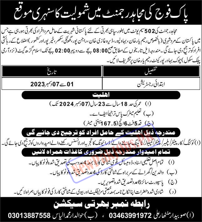 Join Pakistan Army Mujahid Regiment Sepahi Jobs 2024