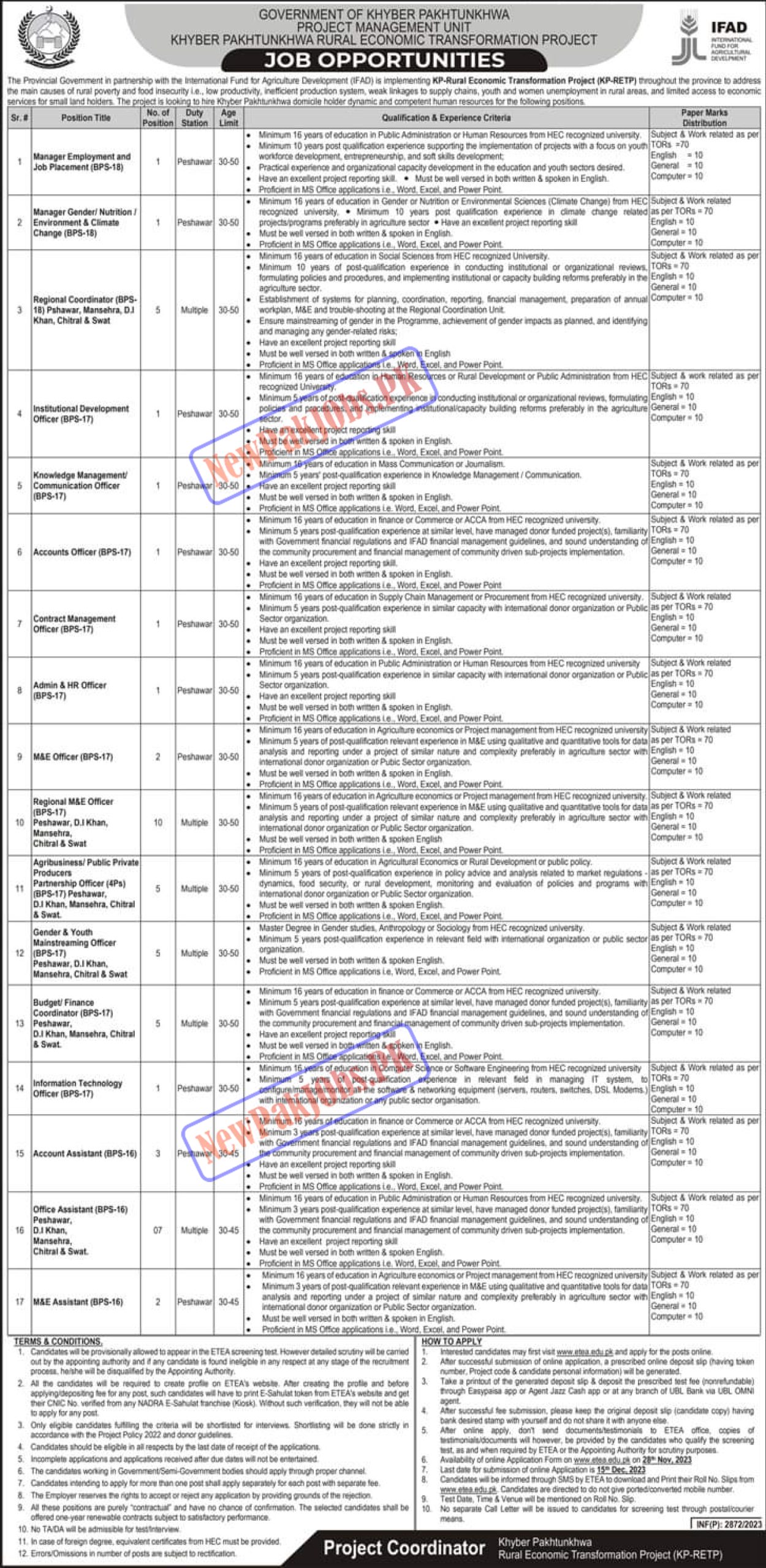 KPK Rural Economic Transformation Project RETP Jobs 2023