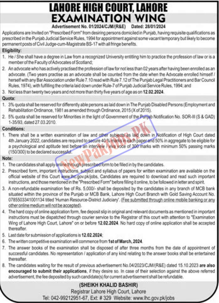 Lahore High Court LHC Jobs 2024 Registration at www.lhc.gov.pk