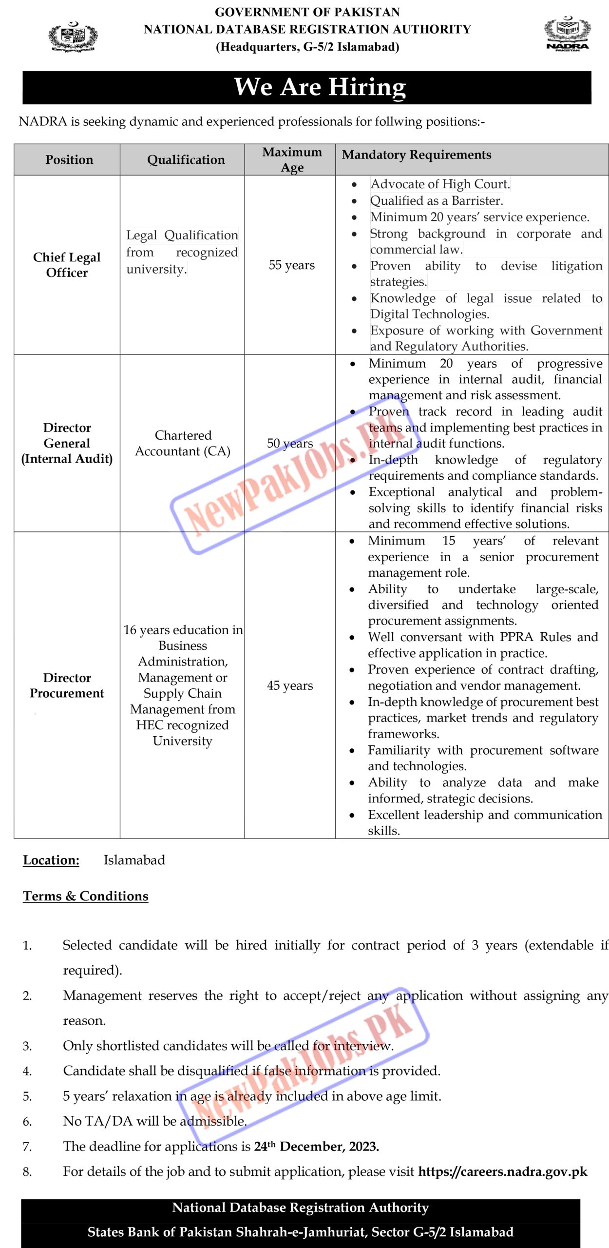 Latest NADRA Pakistan Regional Head Office Islamabad Jobs 2023