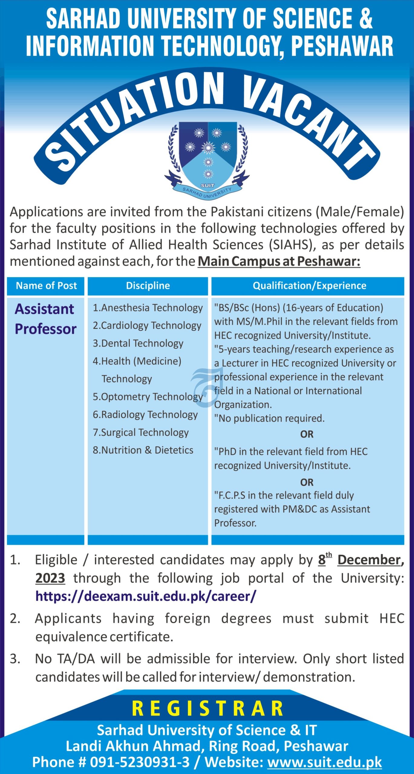 Latest Sarhad University of Science and IT SUIT Jobs 2023 Apply Online