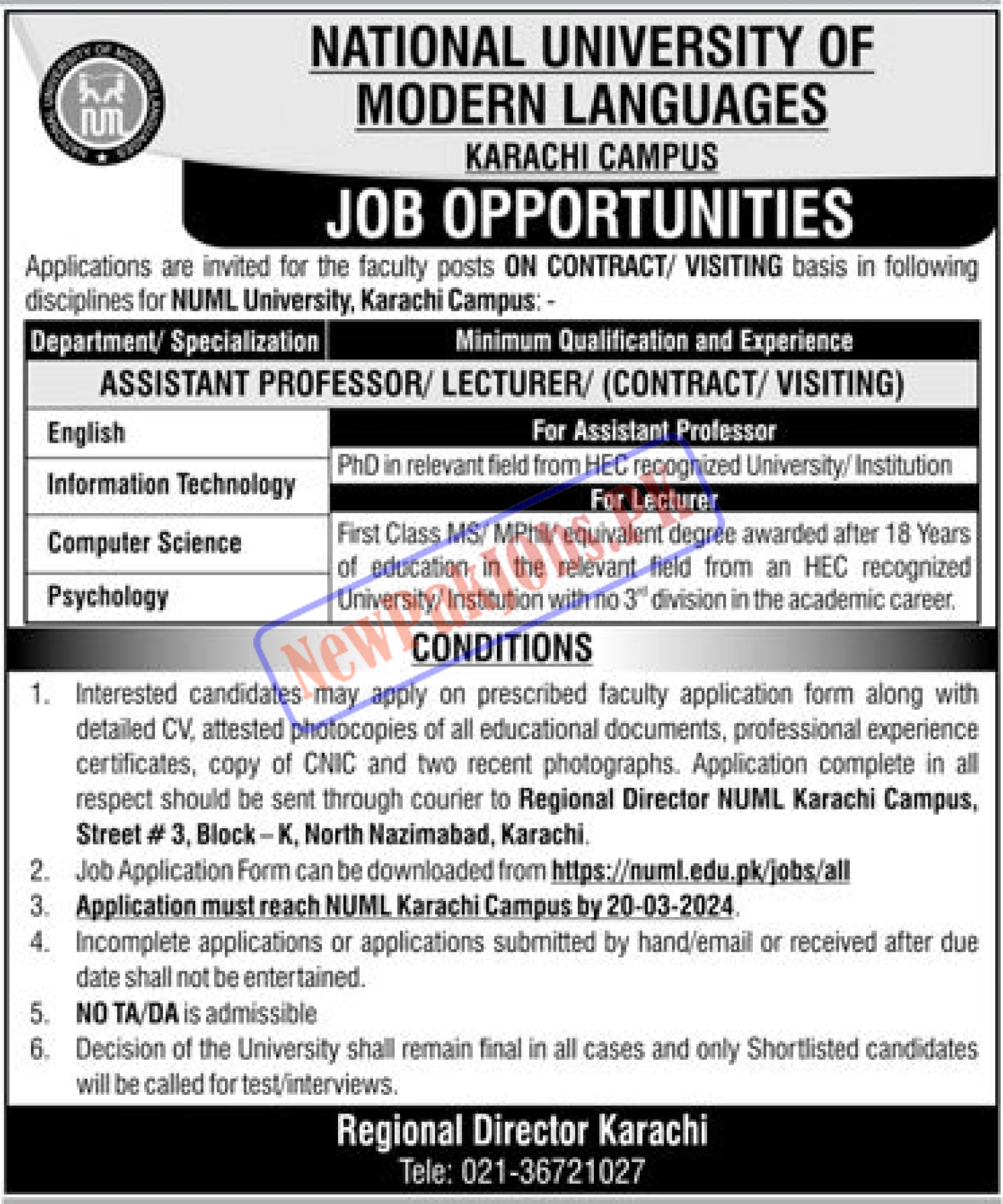 NUML Karachi Campus Jobs 2024