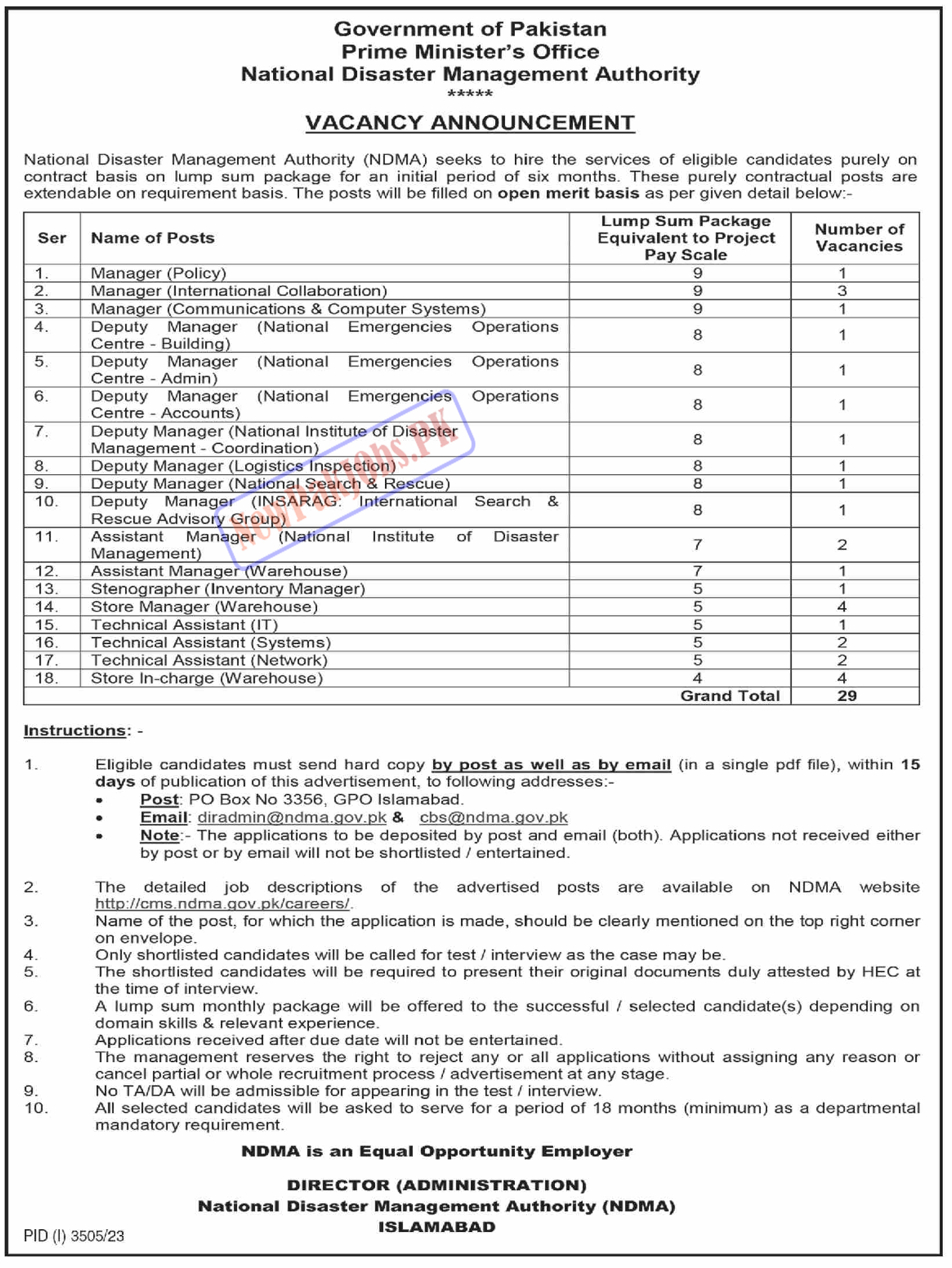 National Disaster Management Authority NDMA Jobs 2023 Online Apply