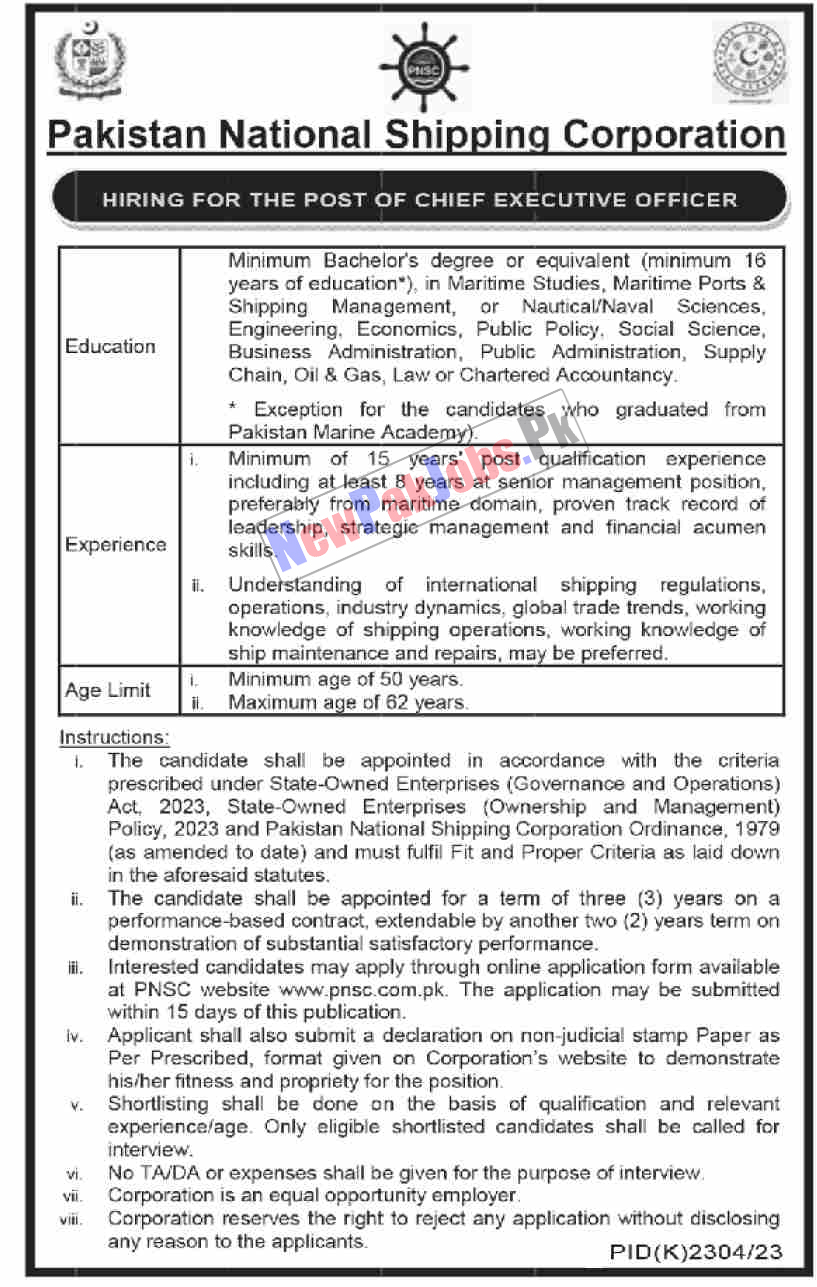 Pakistan National Shipping Corporation PNSC Jobs 2024 Online Apply