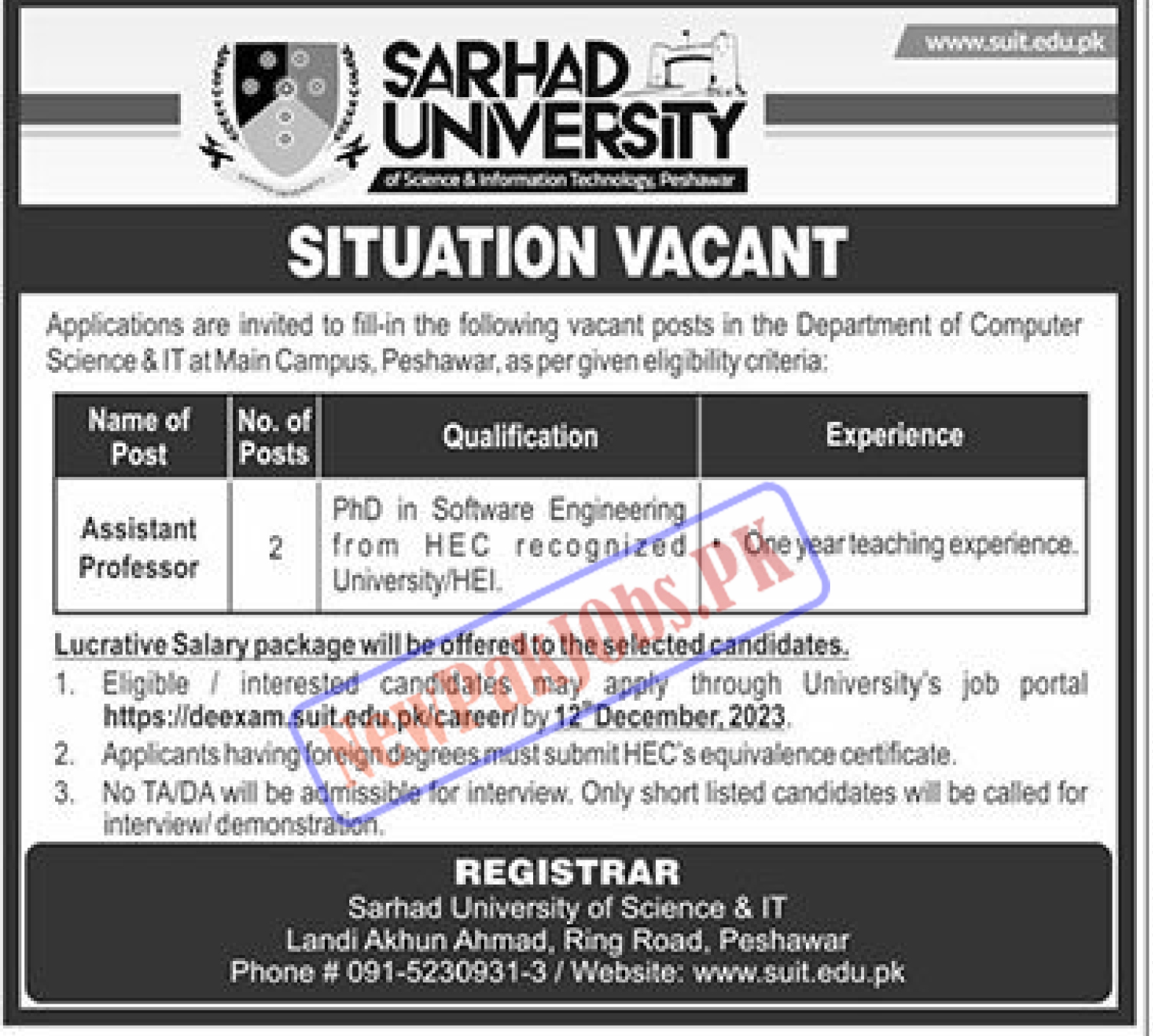 Sarhad University of Science and IT SUIT Jobs Dec 2023 Apply Online