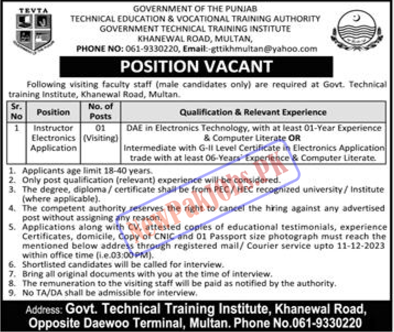 TEVTA Punjab Jobs 2023 in Multan