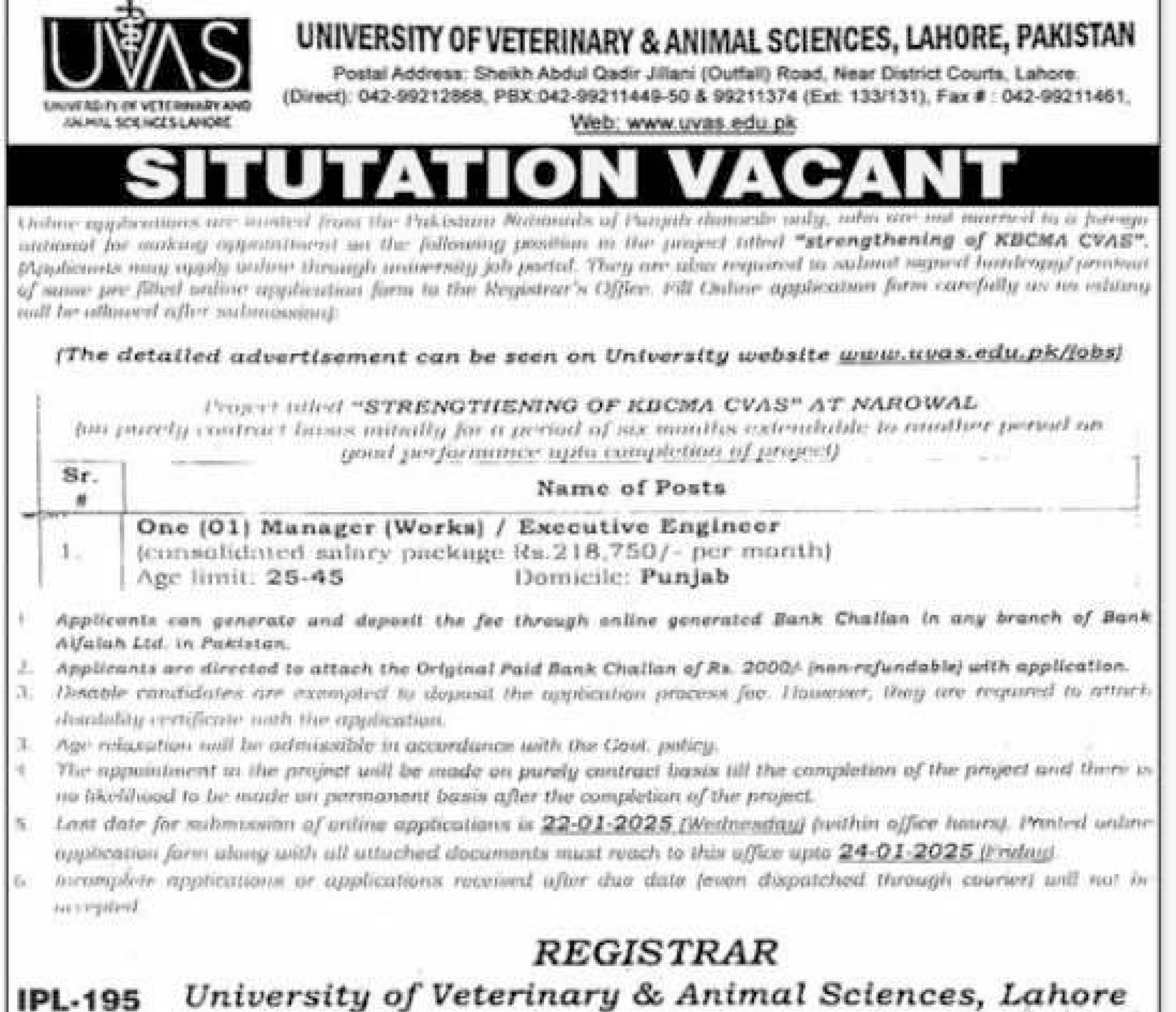 University of Veterinary and Animal Sciences UVAS Lahore Jobs 2025