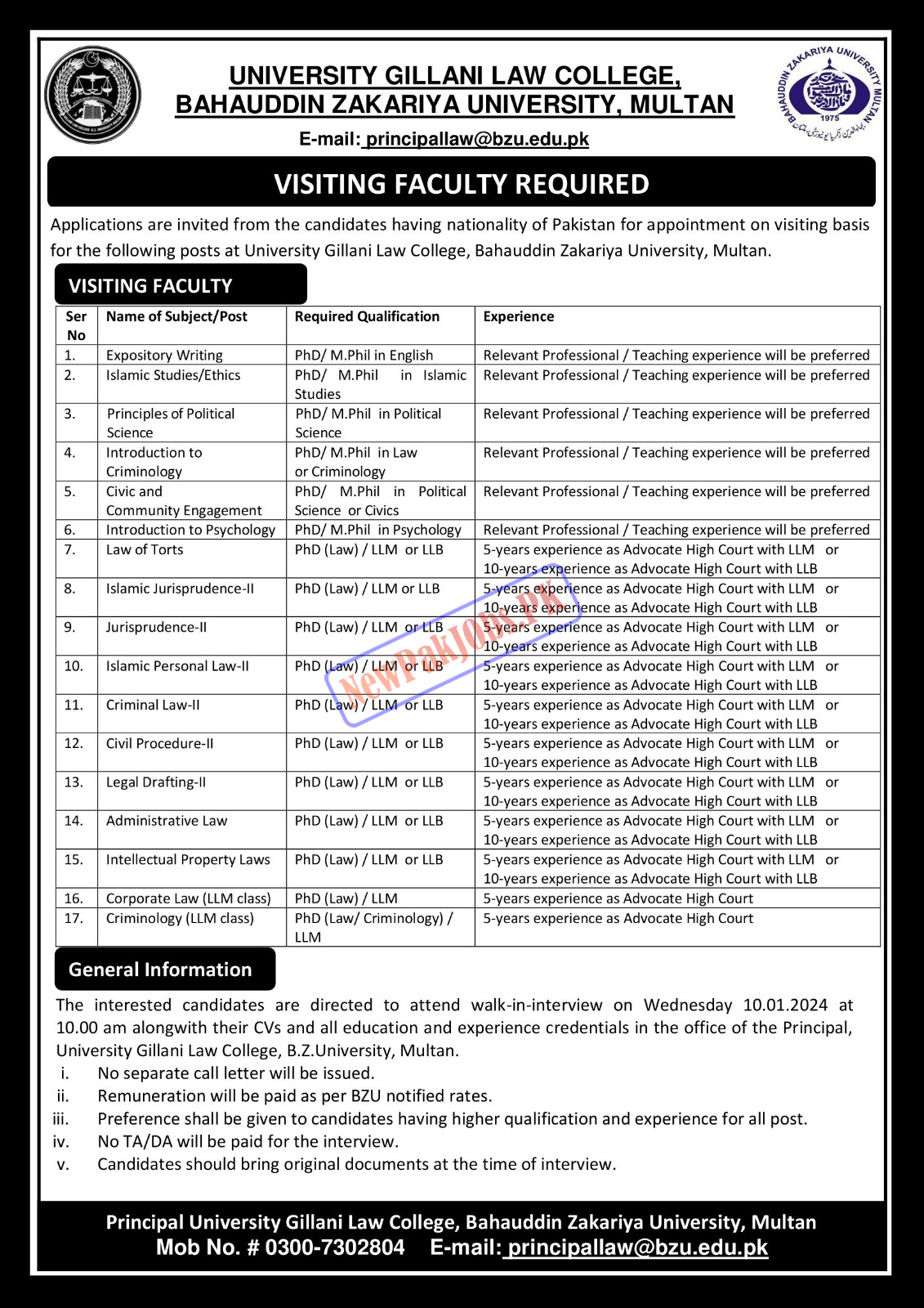 BZ University Gillani Law College Multan Jobs 2024