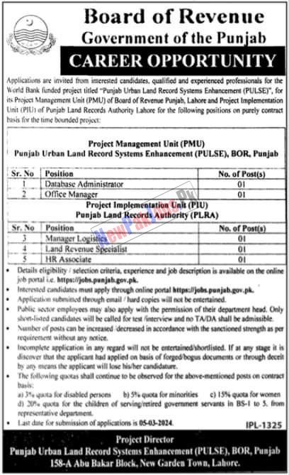 Board of Revenue BOR Punjab Jobs 2024 BOR Online Registration