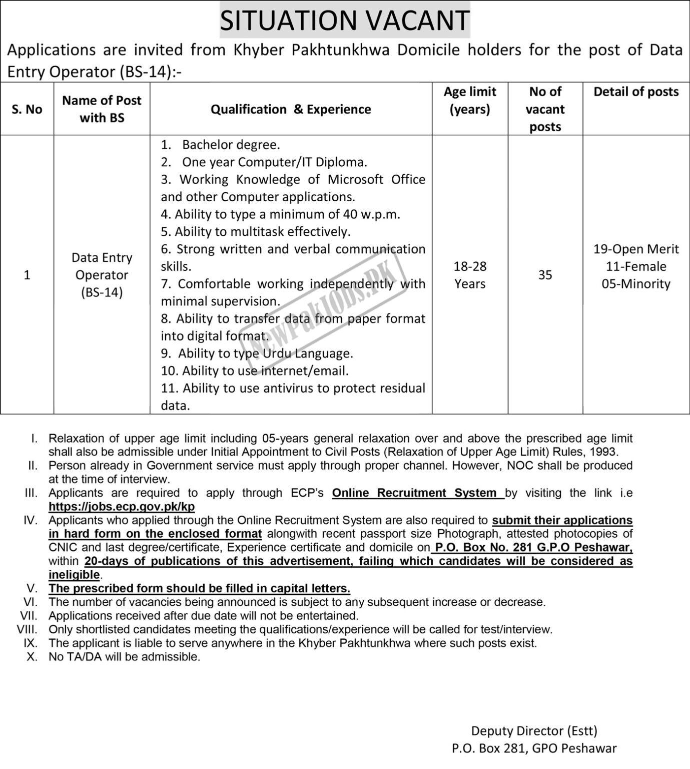 ECP PO Box 281 Peshawar Jobs 2023