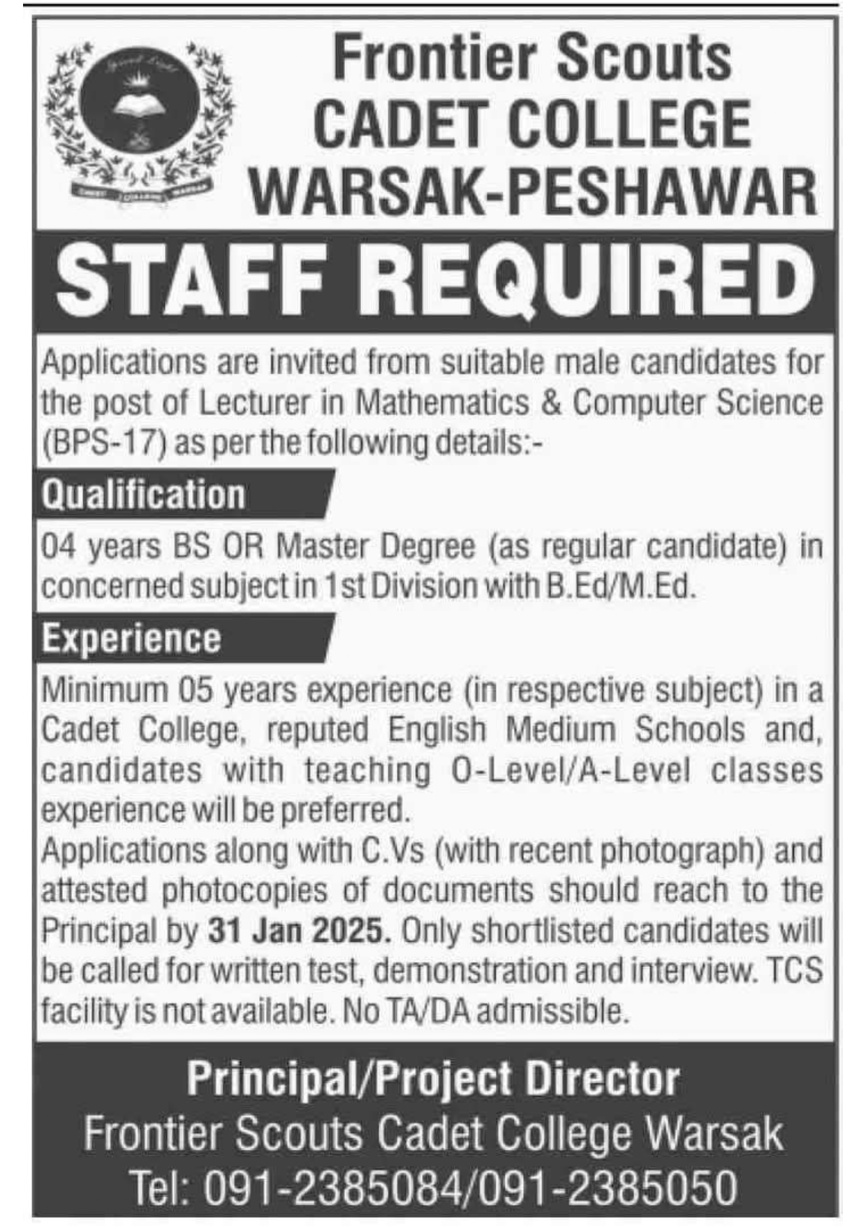 Frontier Scouts Cadet College Warsak Peshawar Jobs 2025