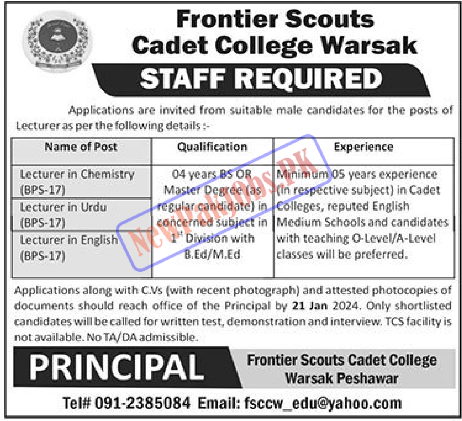 Frontier Scouts Cadet College Warsak Peshawar Jobs Latest 2023