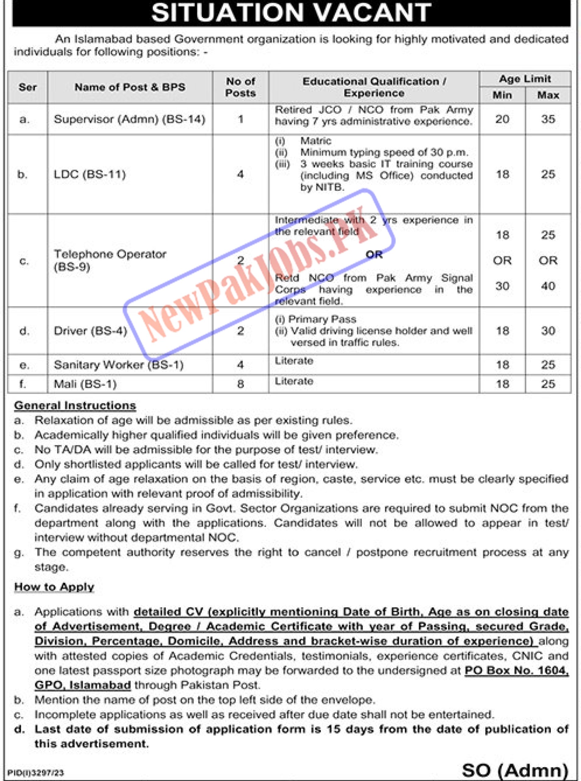 Islamabad Government Organization PO Box 1604 Jobs 2024