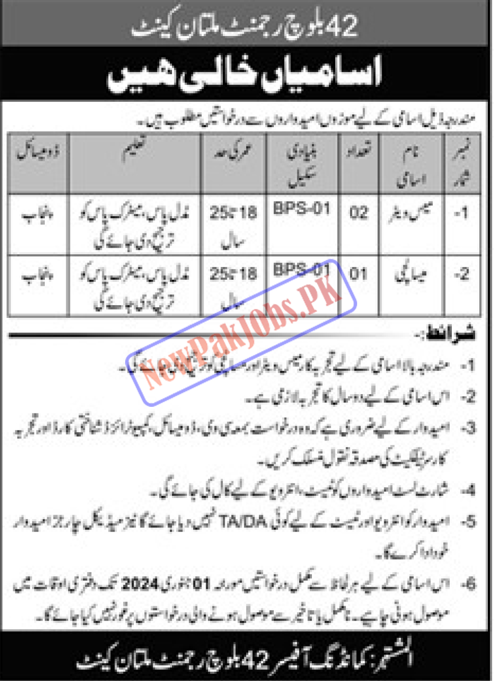 Join Pak Army 42 Baloch Regiment Multan Cantt Jobs 2024