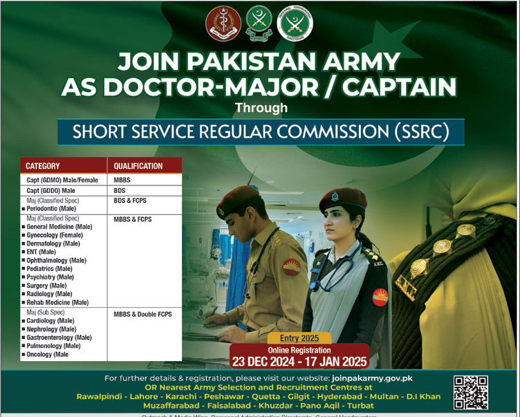 Join Pakistan Army 2025 as Doctor-MajorCaptain through SSRC Online Apply