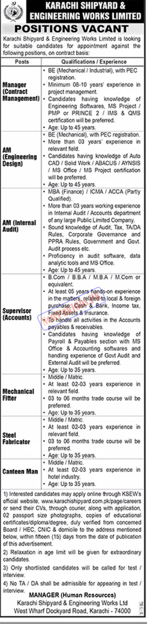 Karachi Shipyard and Engineering Works KSEW Jobs 2024 Online Apply