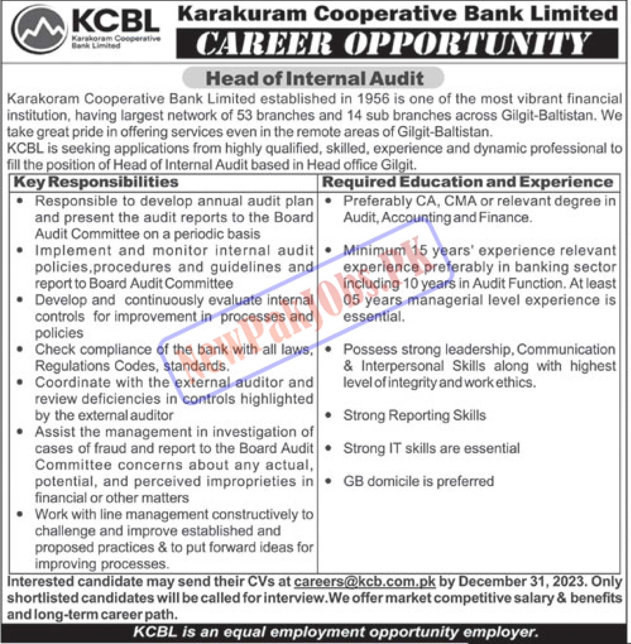 Karakoram Cooperative Bank Limited KCBL Jobs 2024 Online Apply