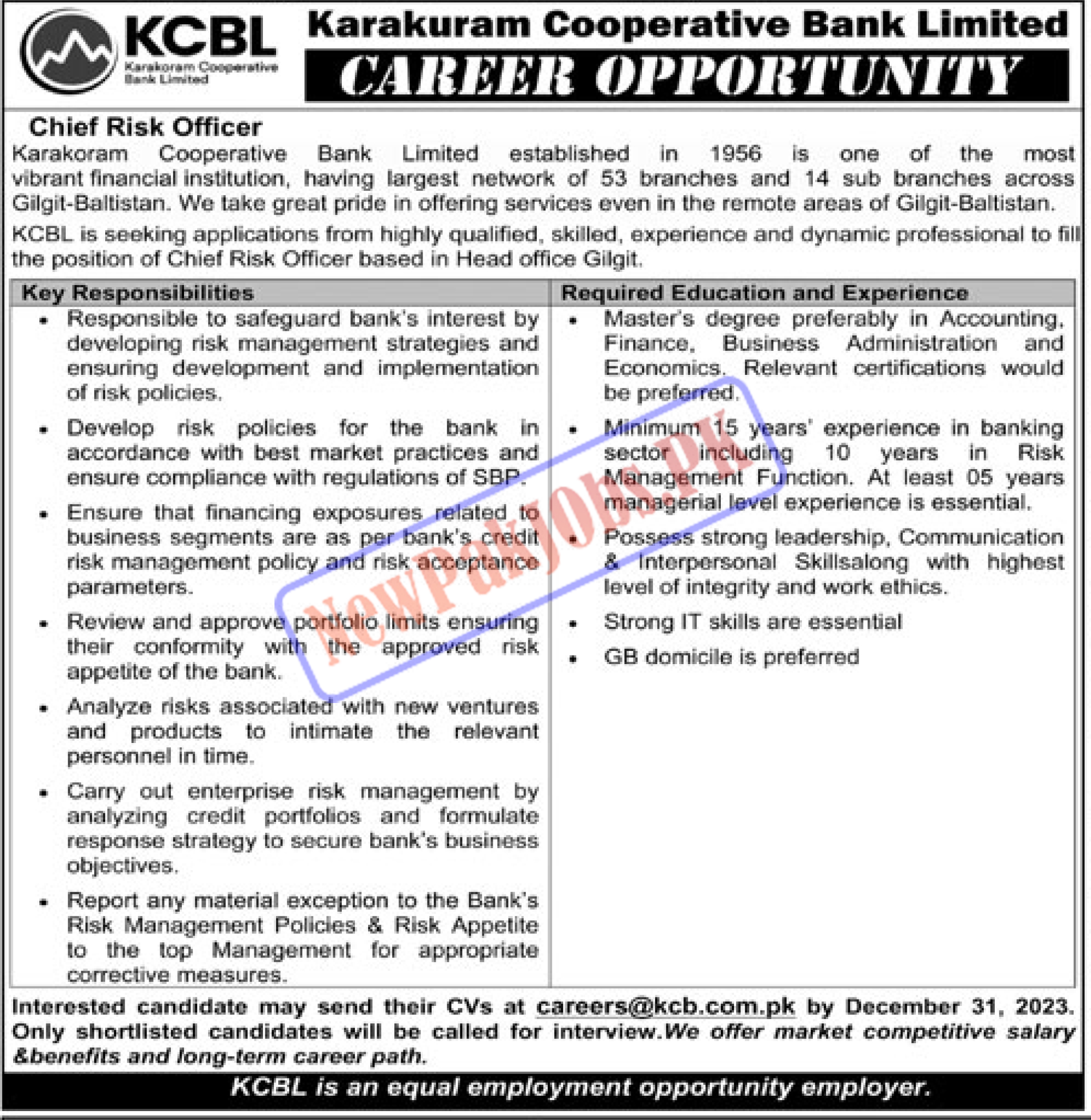 Karakoram Cooperative Bank Limited KCBL Jobs 2024