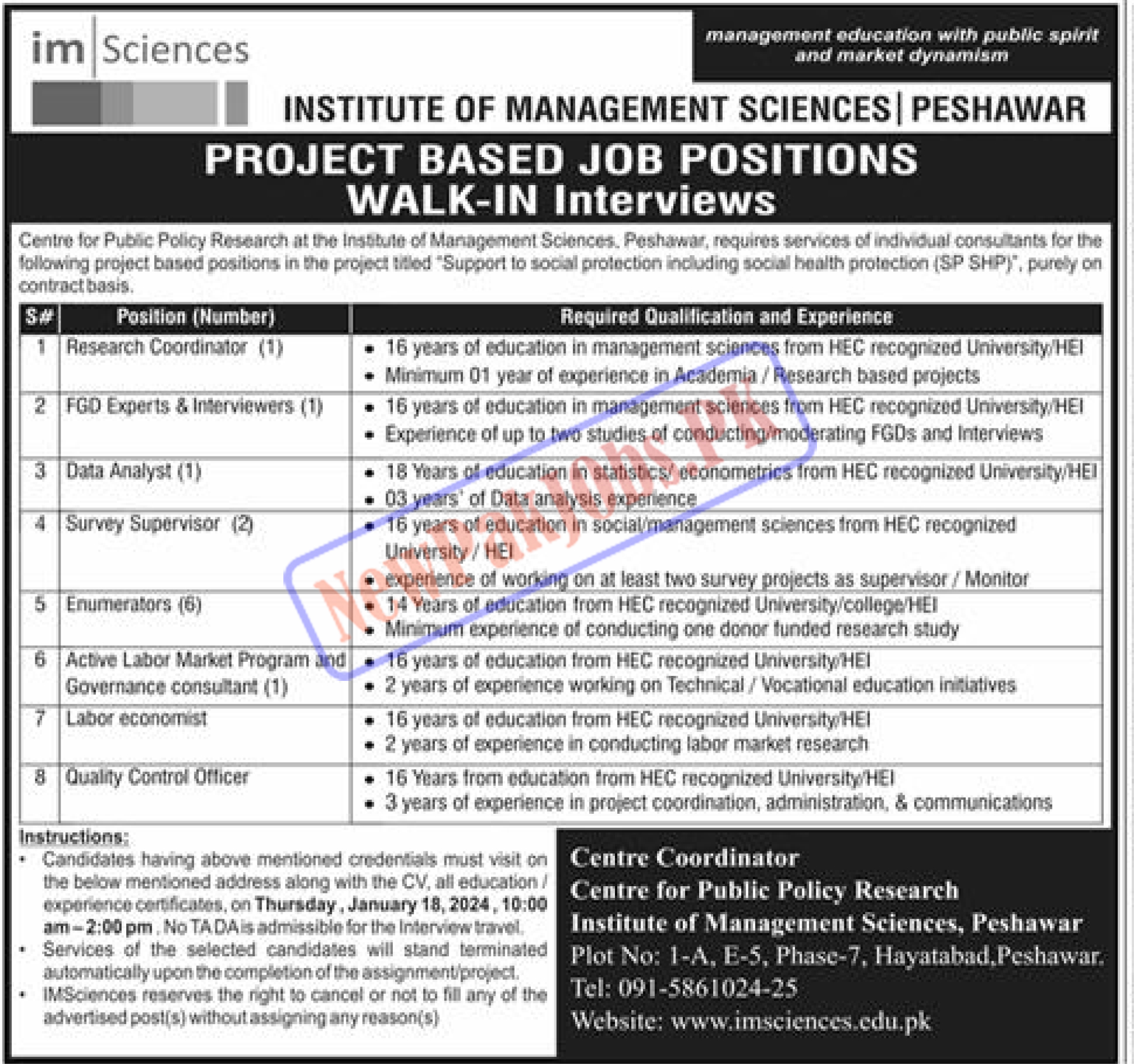 Latest Institute of Management Sciences Peshawar IM Sciences Jobs 2024