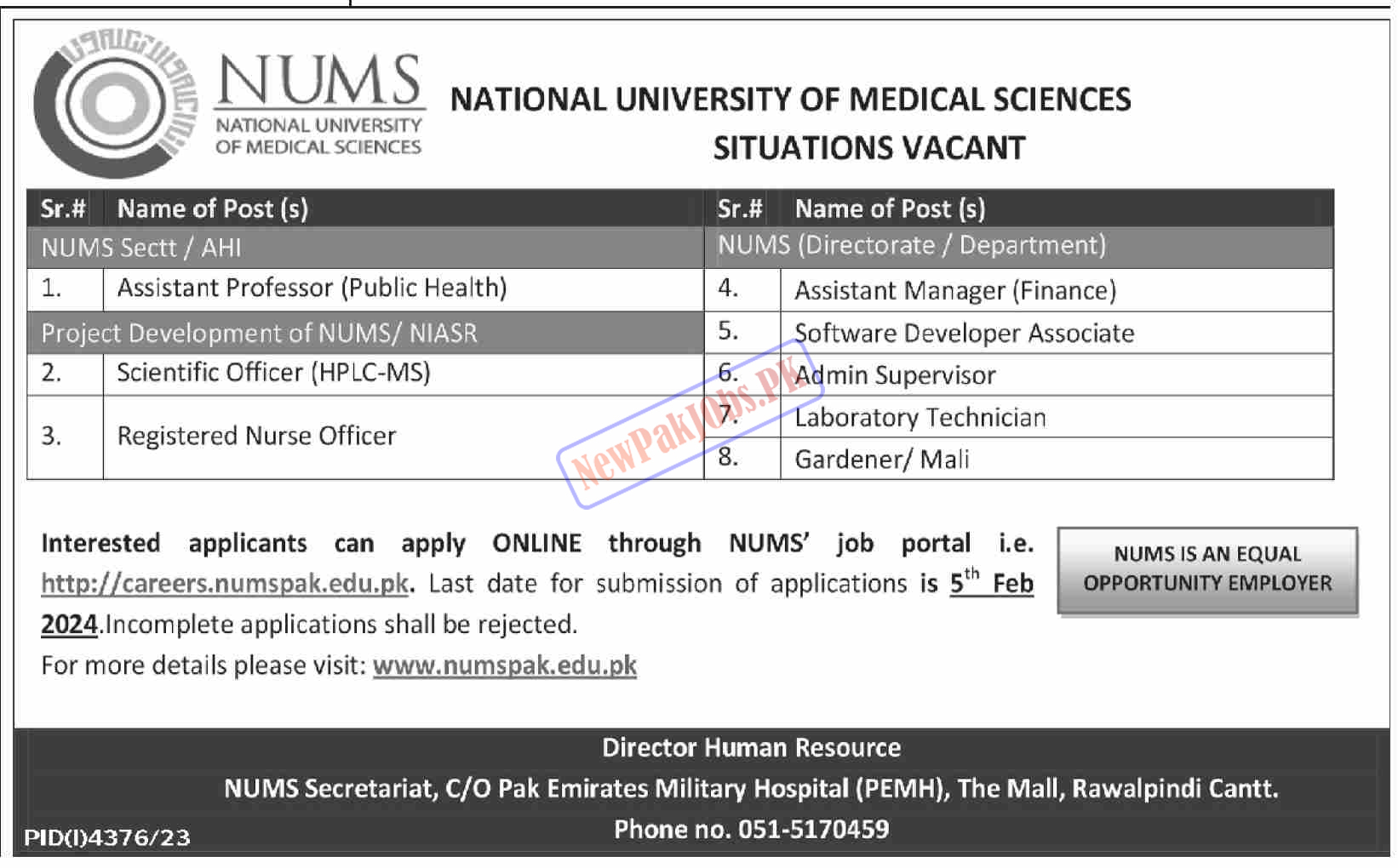 NUMS Jobs 2024 NUMS Apply Online