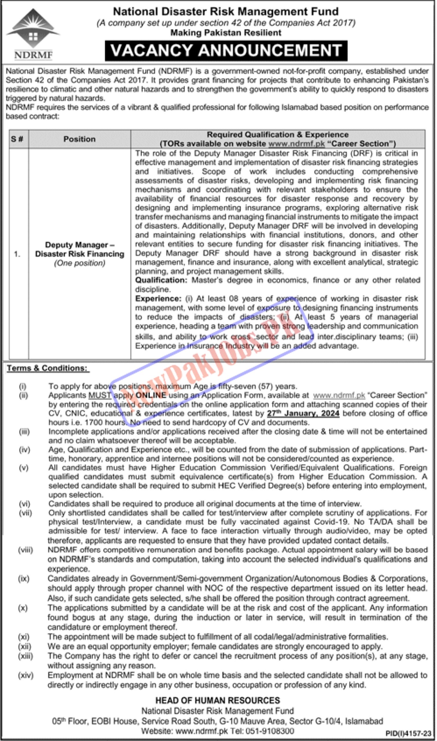 National Disaster Risk Management Fund NDRMF Jobs 2024 www.ndrmf.pk Online Apply