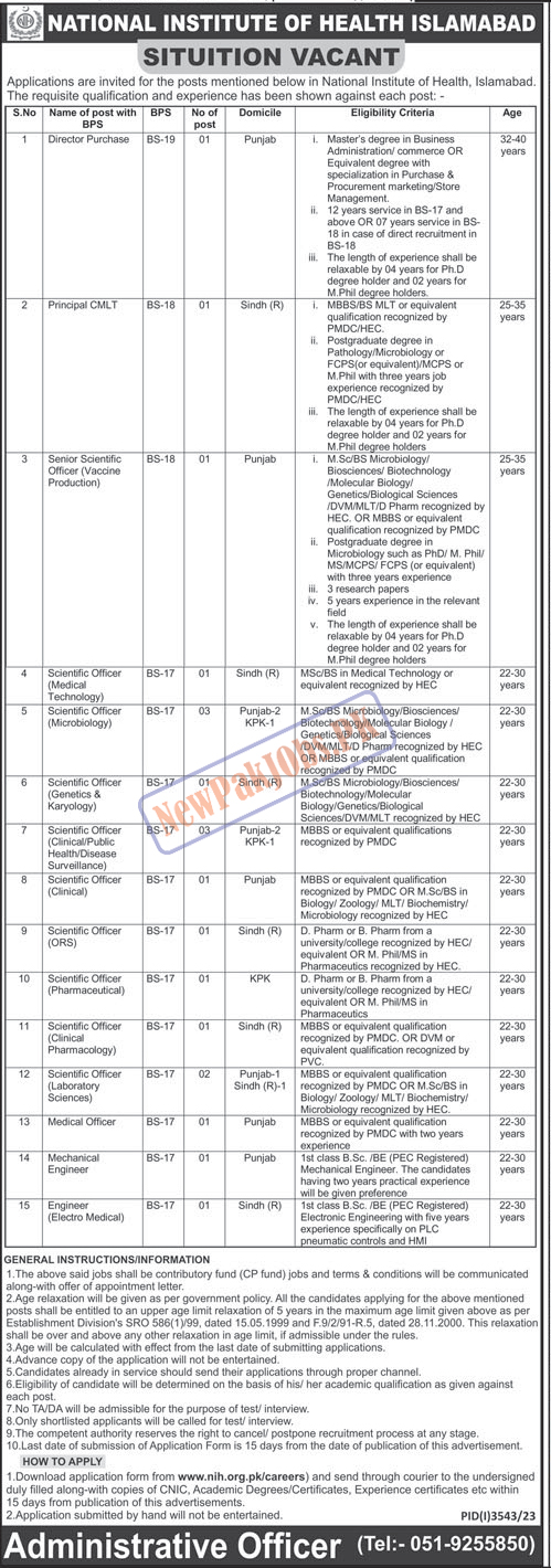 National Institute of Health NIH Islamabad Jobs 2023