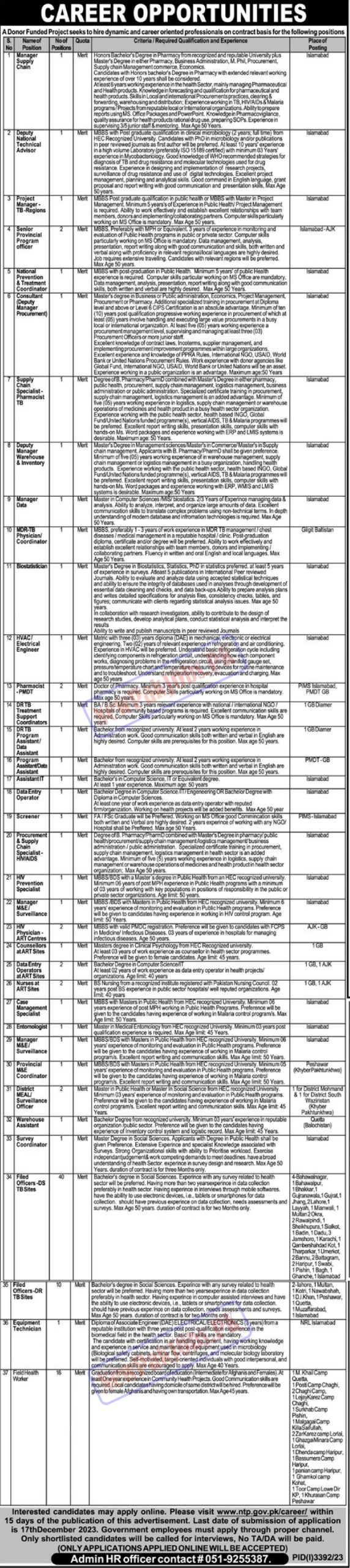 National TB Control Program NTP Jobs Latest 2023 Online Apply