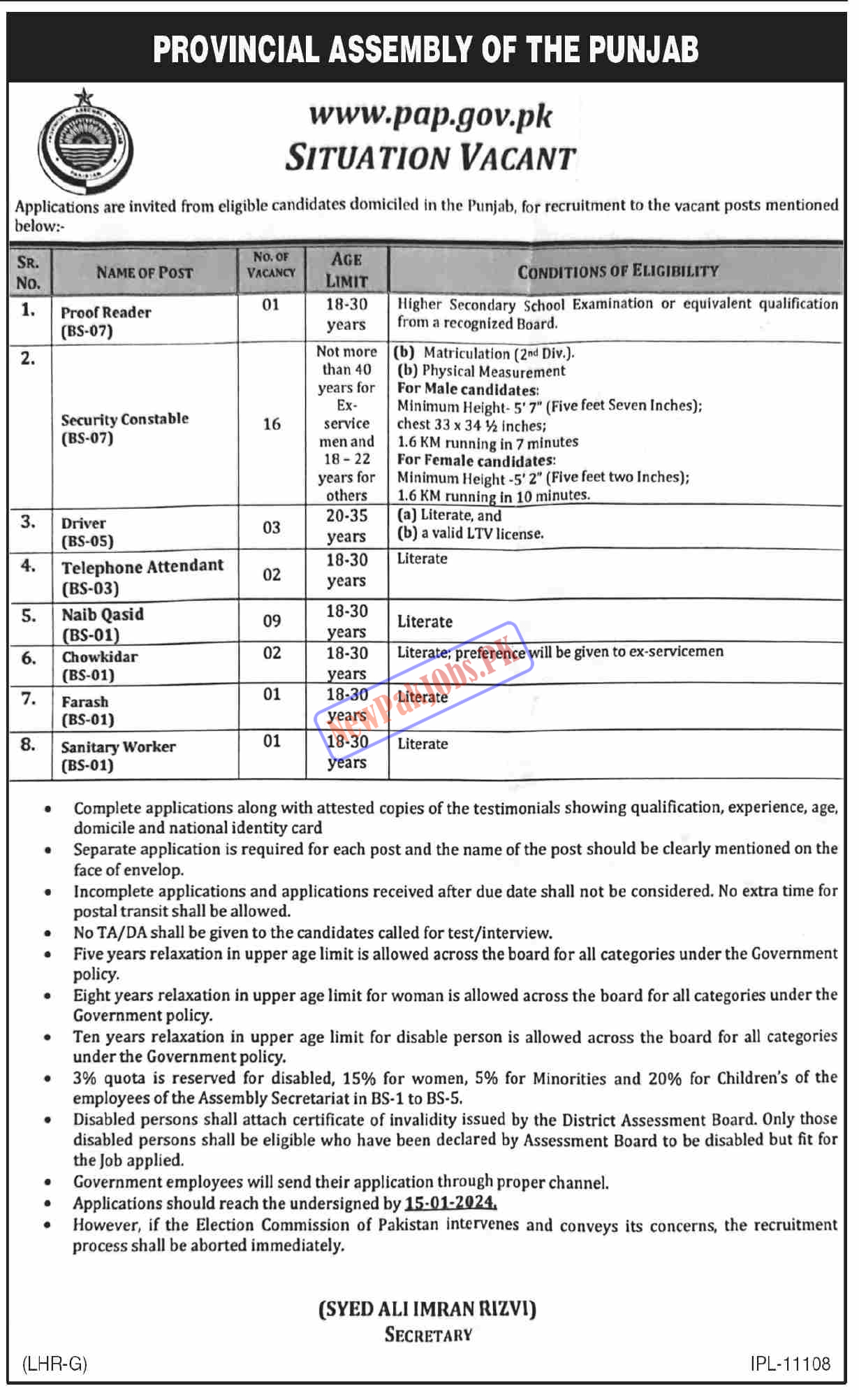 Provincial Assembly Punjab PAP Jobs 2024