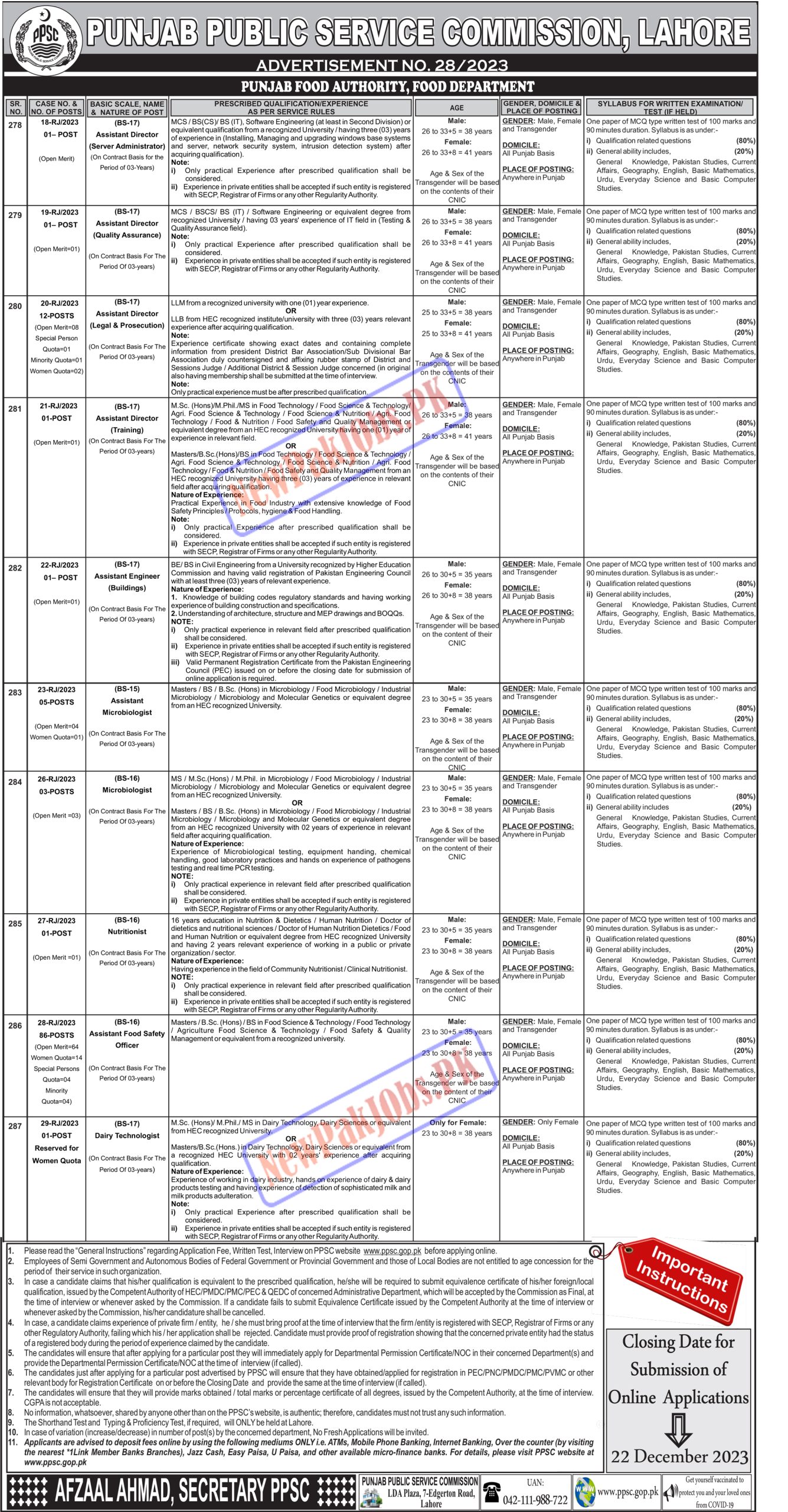 Punjab Food Authority Jobs 2023