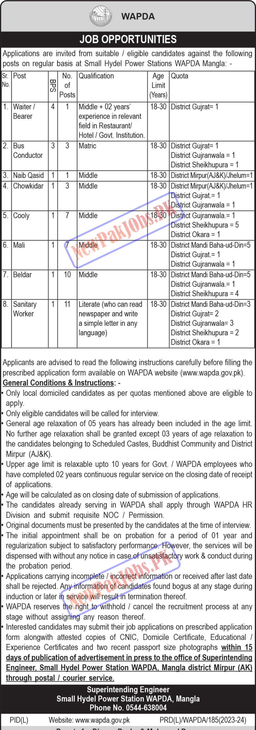 WAPDA Small Hydel Power Stations Mangla Jobs 2024