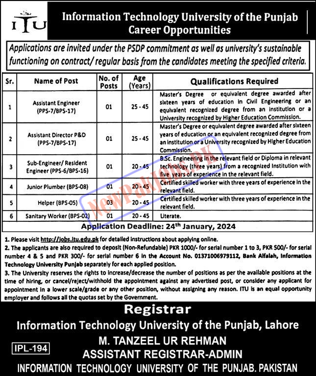 Information Technology University (ITU) Punjab Jobs 2024