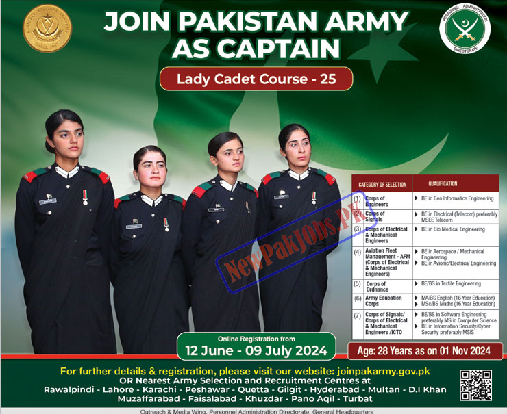 Join Pakistan Army as Lady Captain Jobs through Lady Cadet Course June 2024