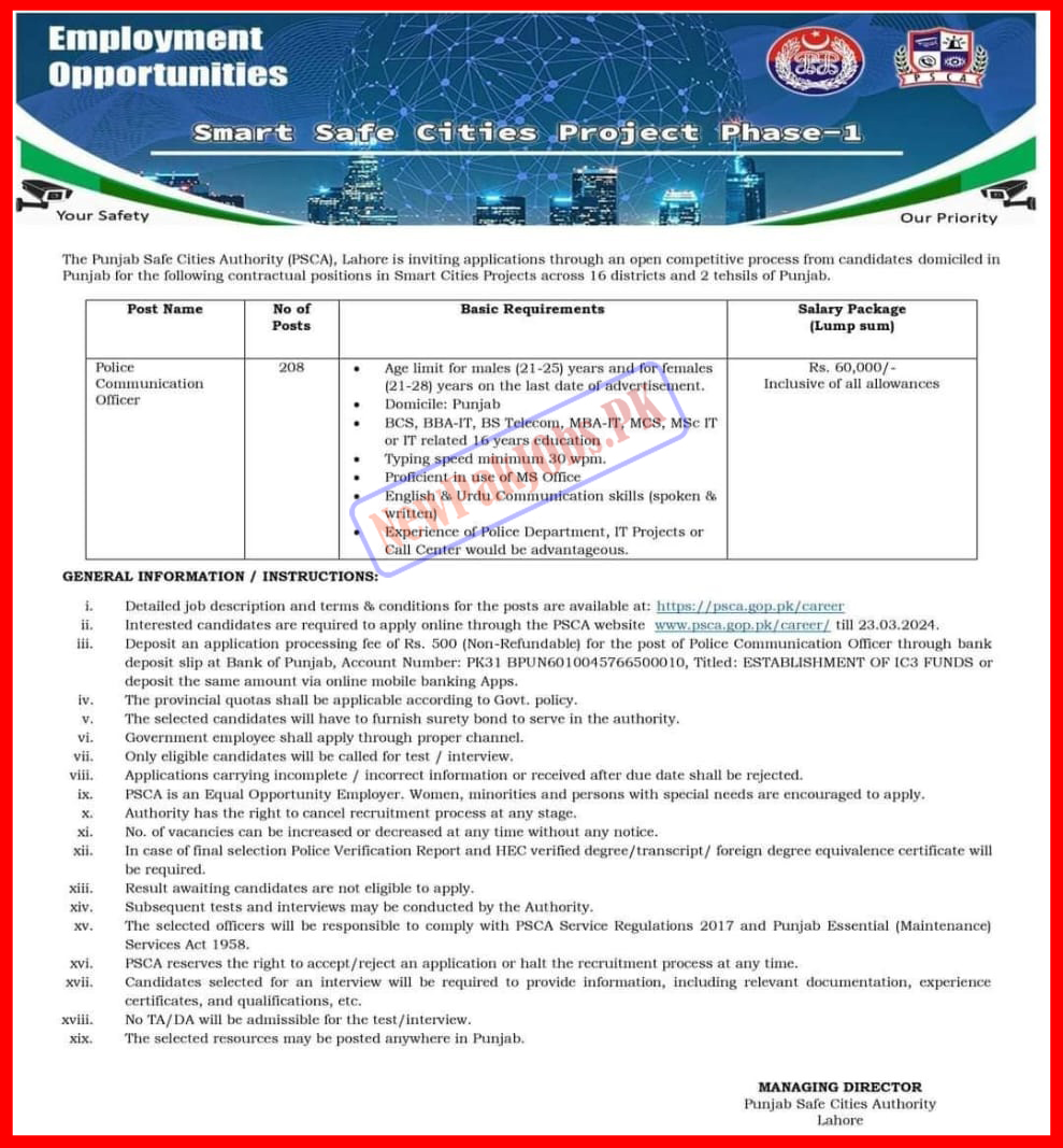 Join Punjab Police Safe Cities Authority PSCA Jobs 2024