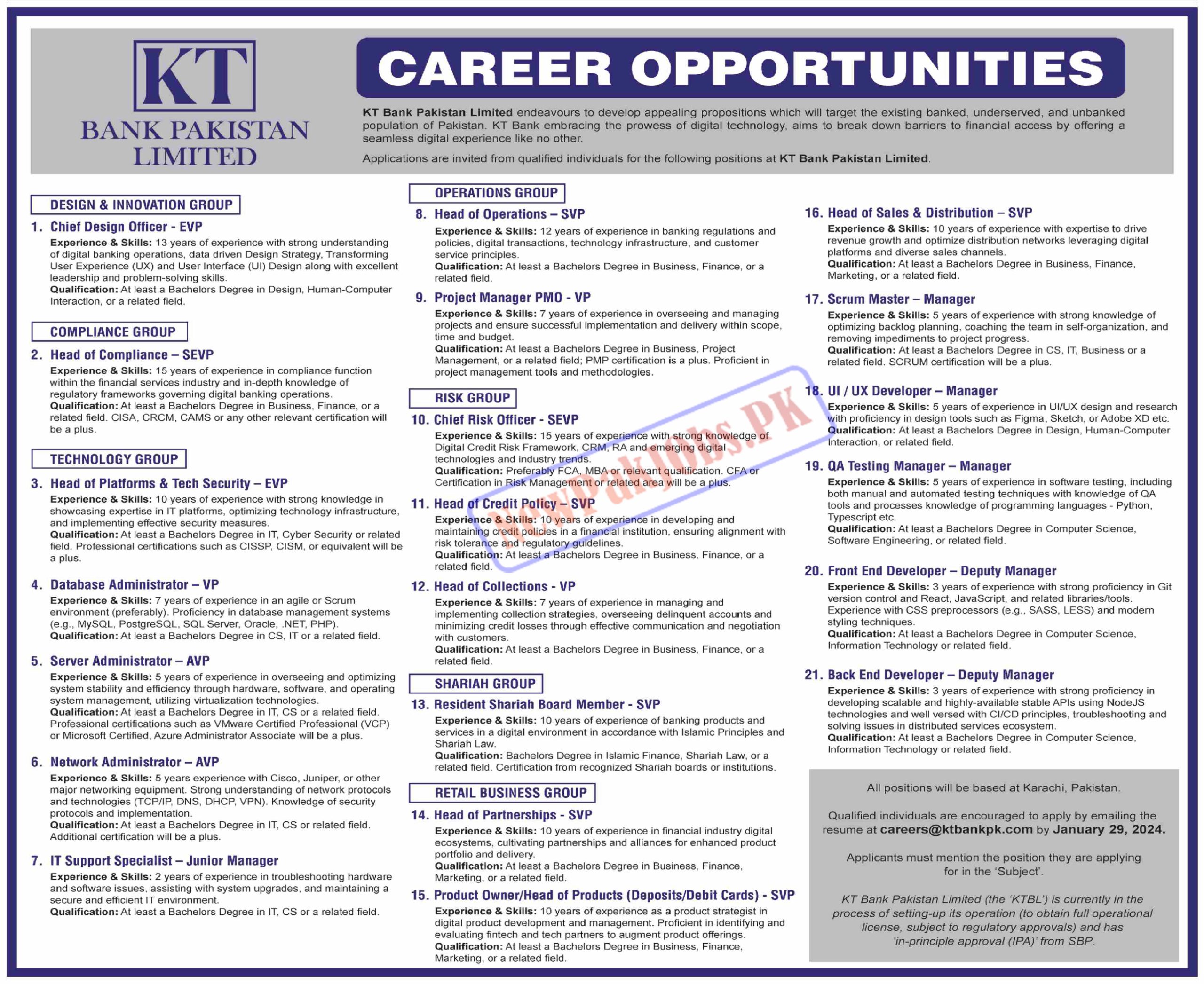 KT Bank Pakistan Limited KTBL Jobs 2024