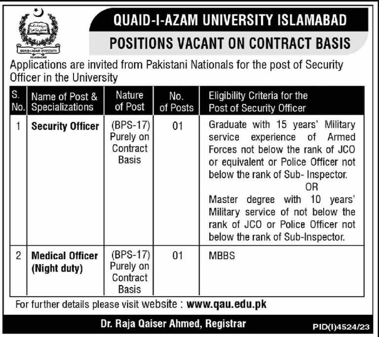 Latest Quaid E Azam University Qau Islamabad Jobs