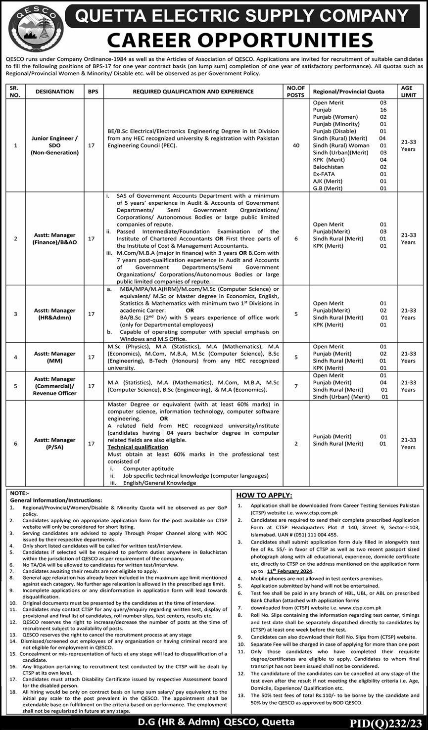 Quetta Electric Supply Company Limited QESCO Jobs 2024