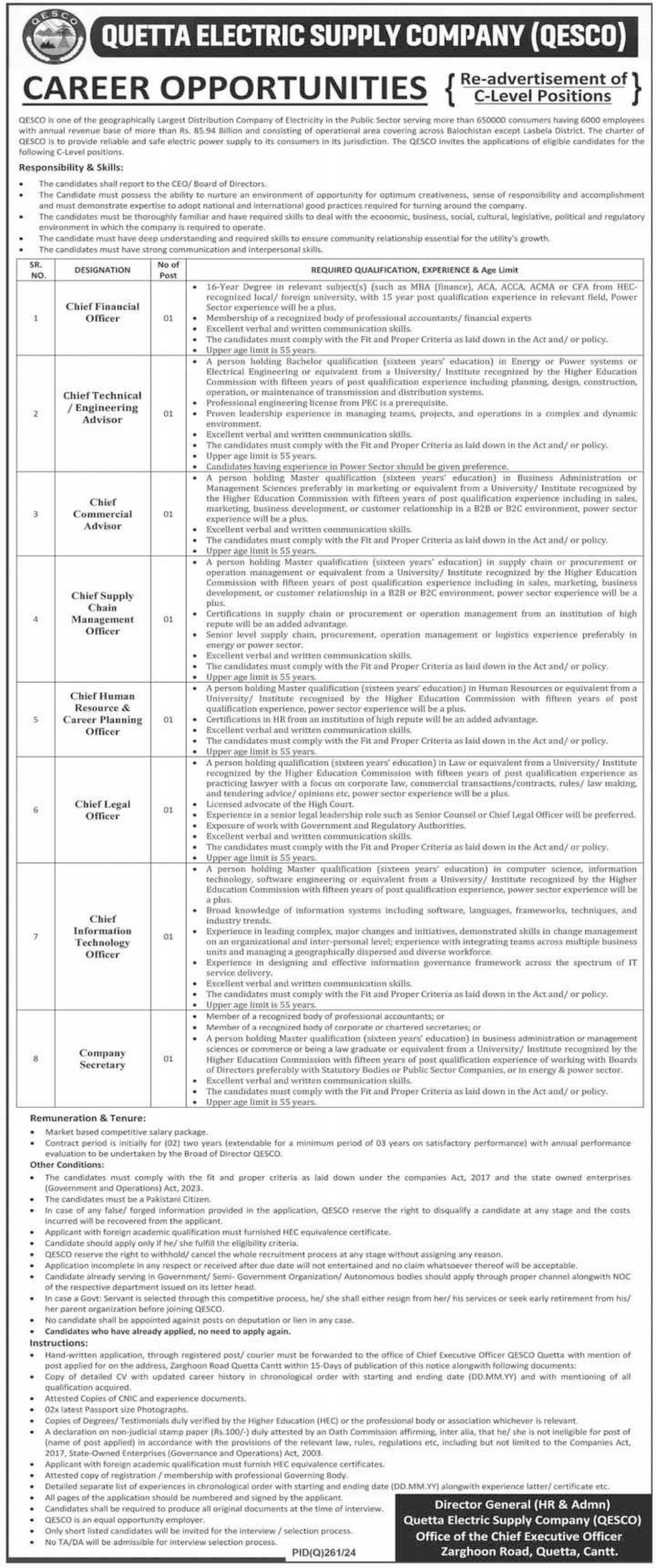 Quetta Electric Supply Company Limited QESCO Jobs 2025 Criteria Download