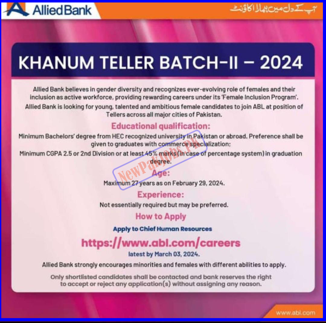 Allied Bank ABL Khanum Teller Batch-II Jobs 2024 Online Registration Process